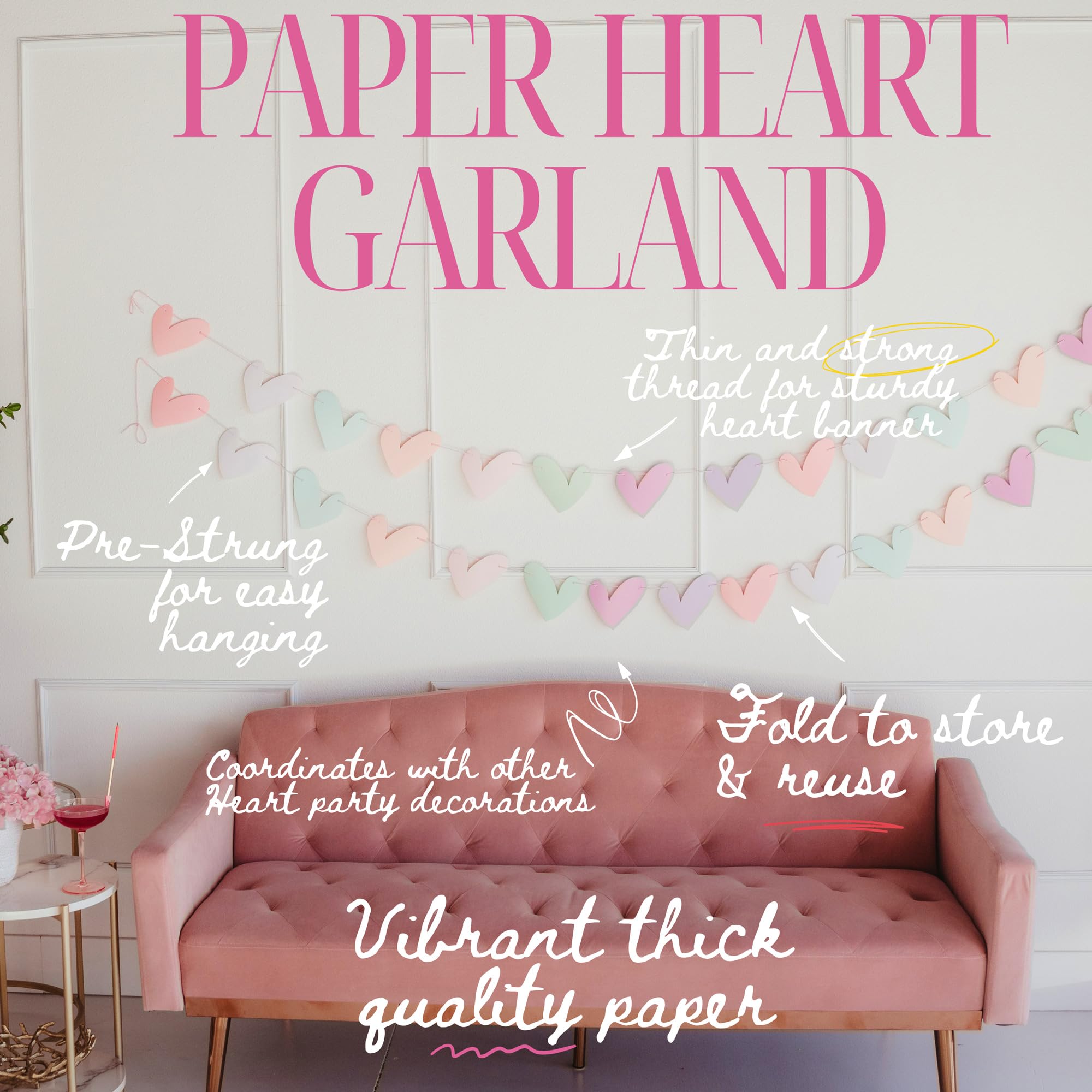 Guirnalda de corazón de papel bohemio para decoración del día de San Valentín, 16 corazones de conversación pastel para fiestas galentinas, pancarta de San Valentín preencordada de 11 pies hecha con