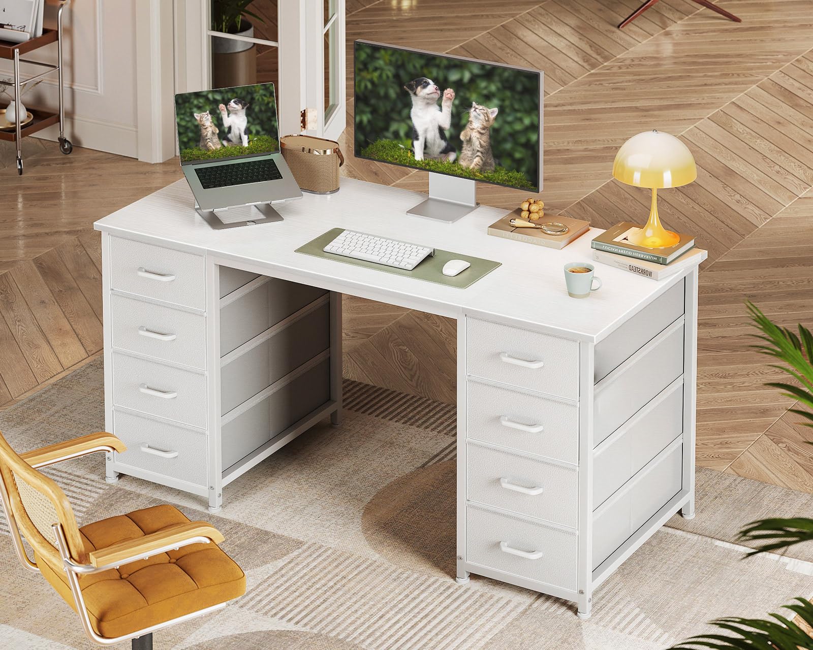 Coleshome Bureau avec 8 Tiroirs en Tissu, 120x48cm Bureau Blanc avec Rangement Table d'ordinateur Robuste, Table Informatique pour Salon Domicile