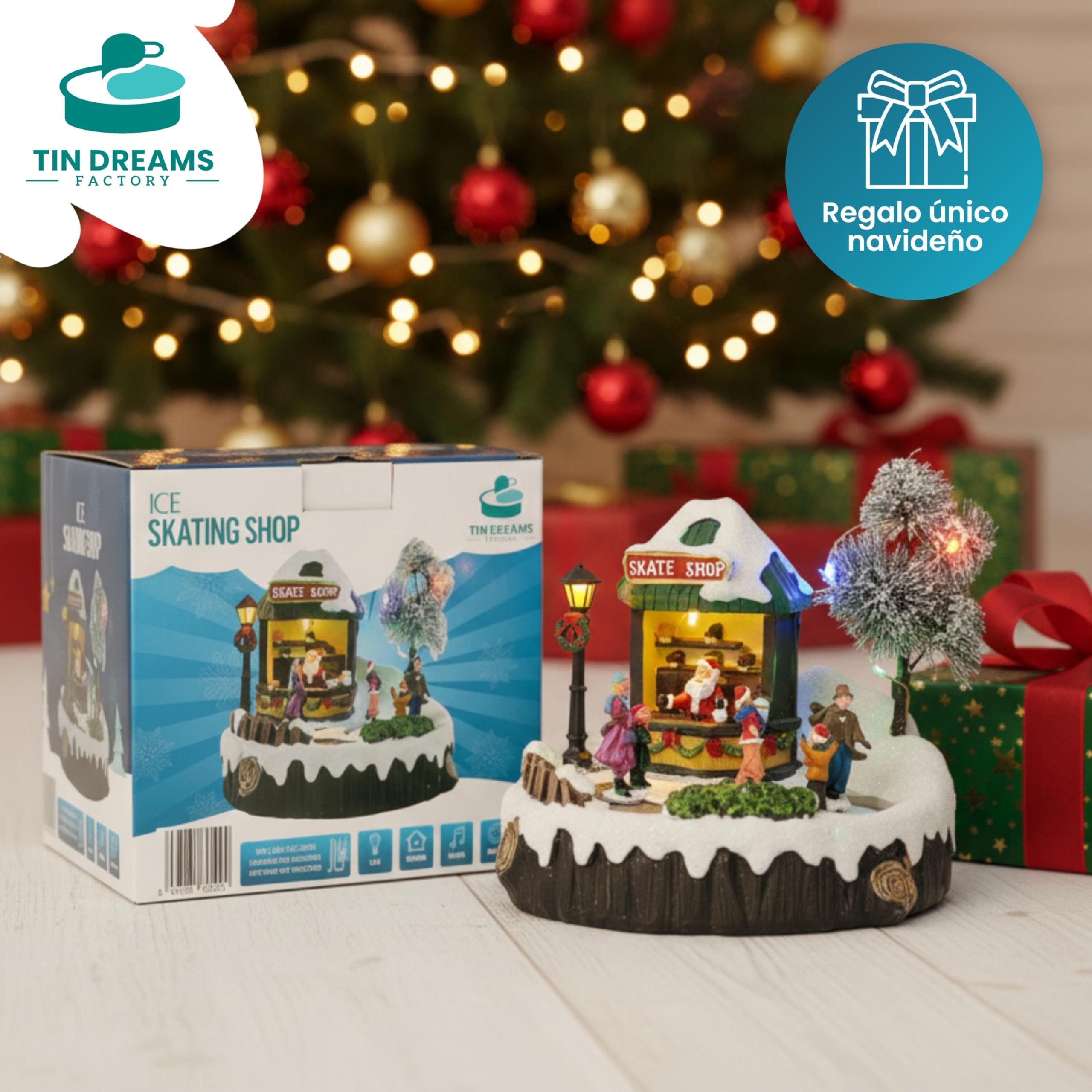 Tin Dreams | Pista de Hielo Navidad con Música, Movimiento y Luces | Escena Navideña Animada con Patinadores | Casita Iluminada para Pueblo, Villa, Aldea Navideña | Decoración Festiva Hogar
