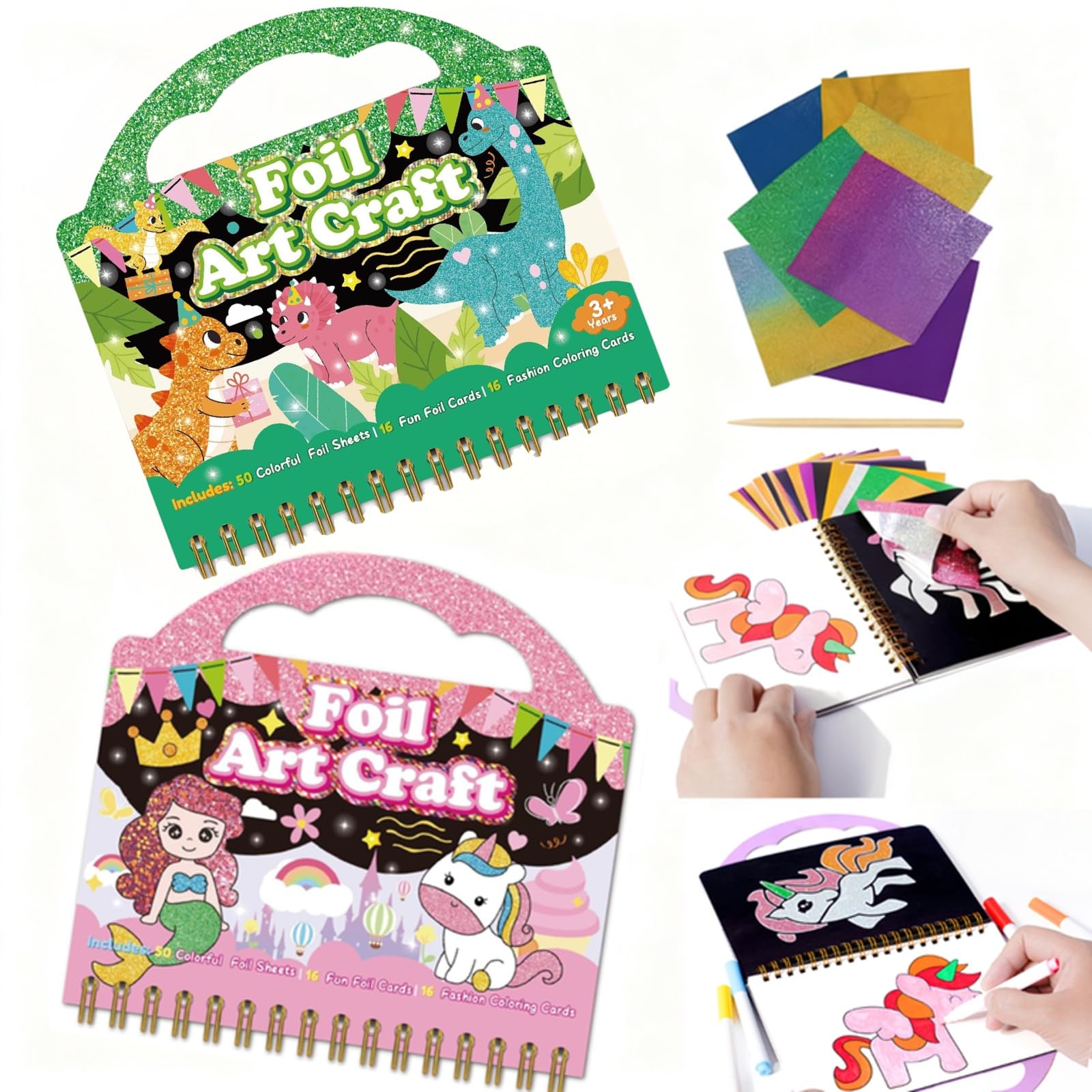 Ristpal 2-in-1 Foil Art Kit for Kids,Christmas Crafts & Arts and Crafts for Kids Ages 4-8,Portable Travel Toys, DIY Gift for 4 Year Old Kid(Princess & Dinosaur) (Princess & Dinosaur)