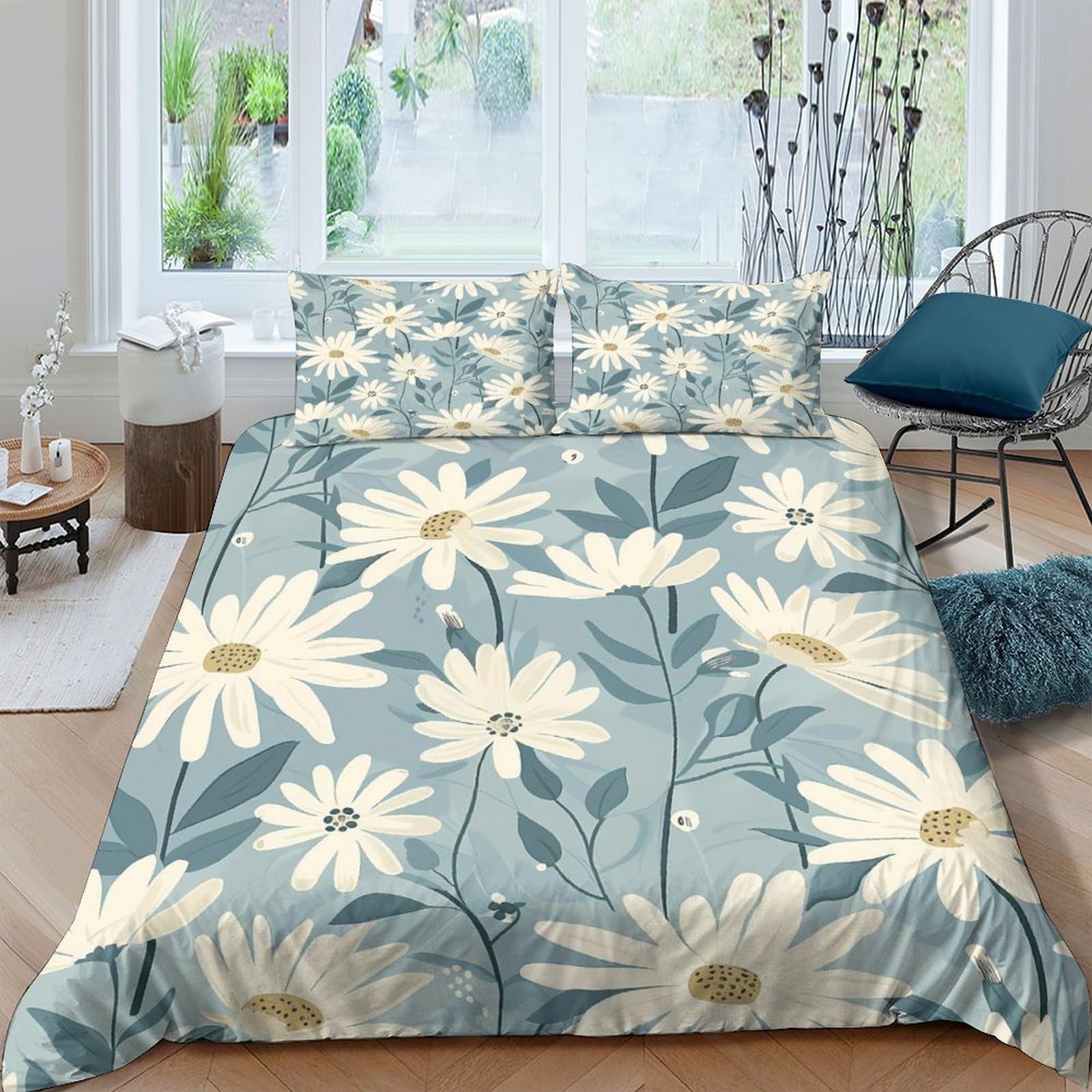 Ctjqhvkz Style-9 3D Printed Daisy Floral Fitted Sheet Microfiber Soft Blue Botanical Bed Sheet Anti-Slip Easy Care For Bedroom Guest Room Mattress Cover Single（135X200cm）