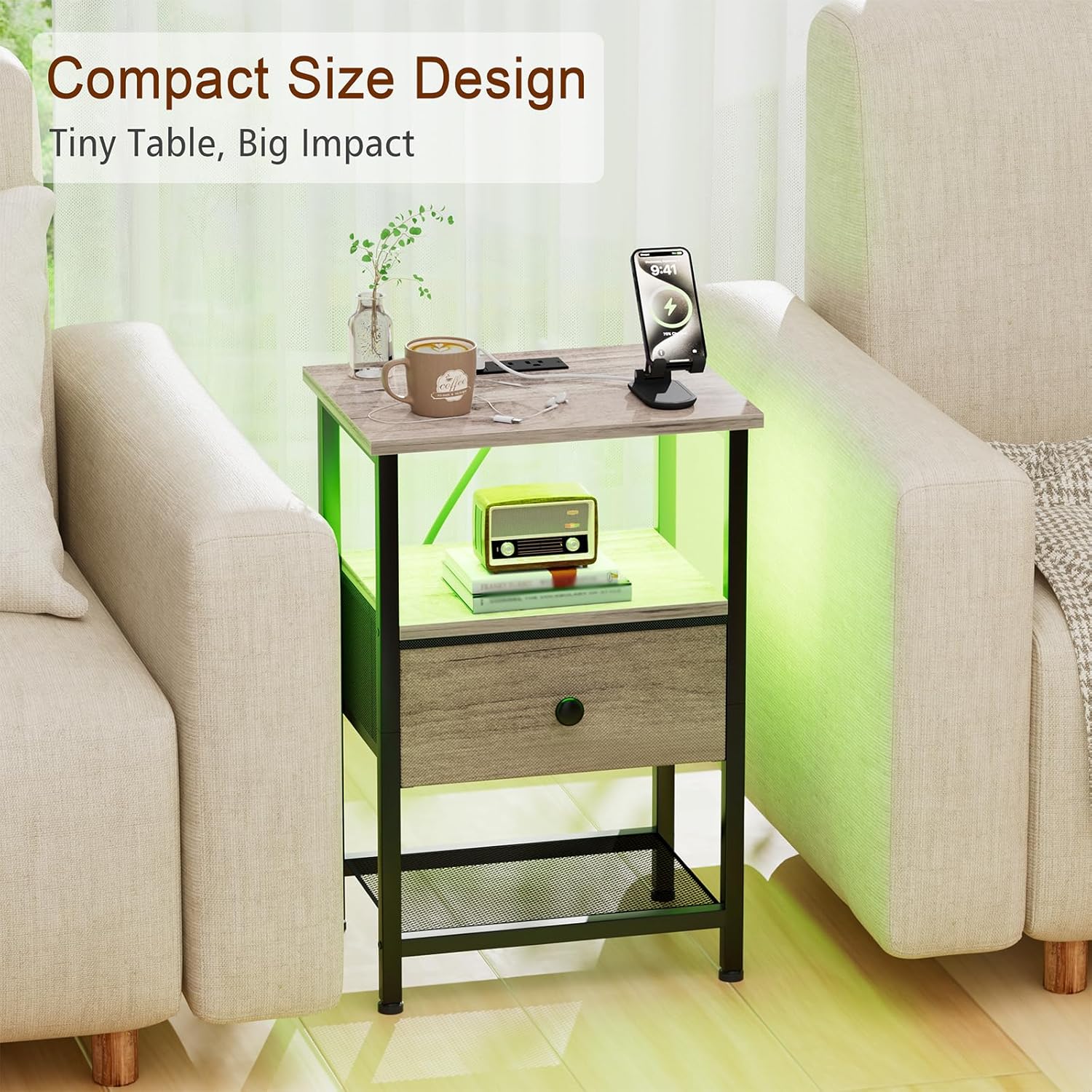 LOAKEKEL Nightstand with Charging Station, End Table with Fabric Drawer, LED Night Stand for Bedroom, Small Bed Side Table with USB Ports and Outlets, Grey, HETS01GY-1