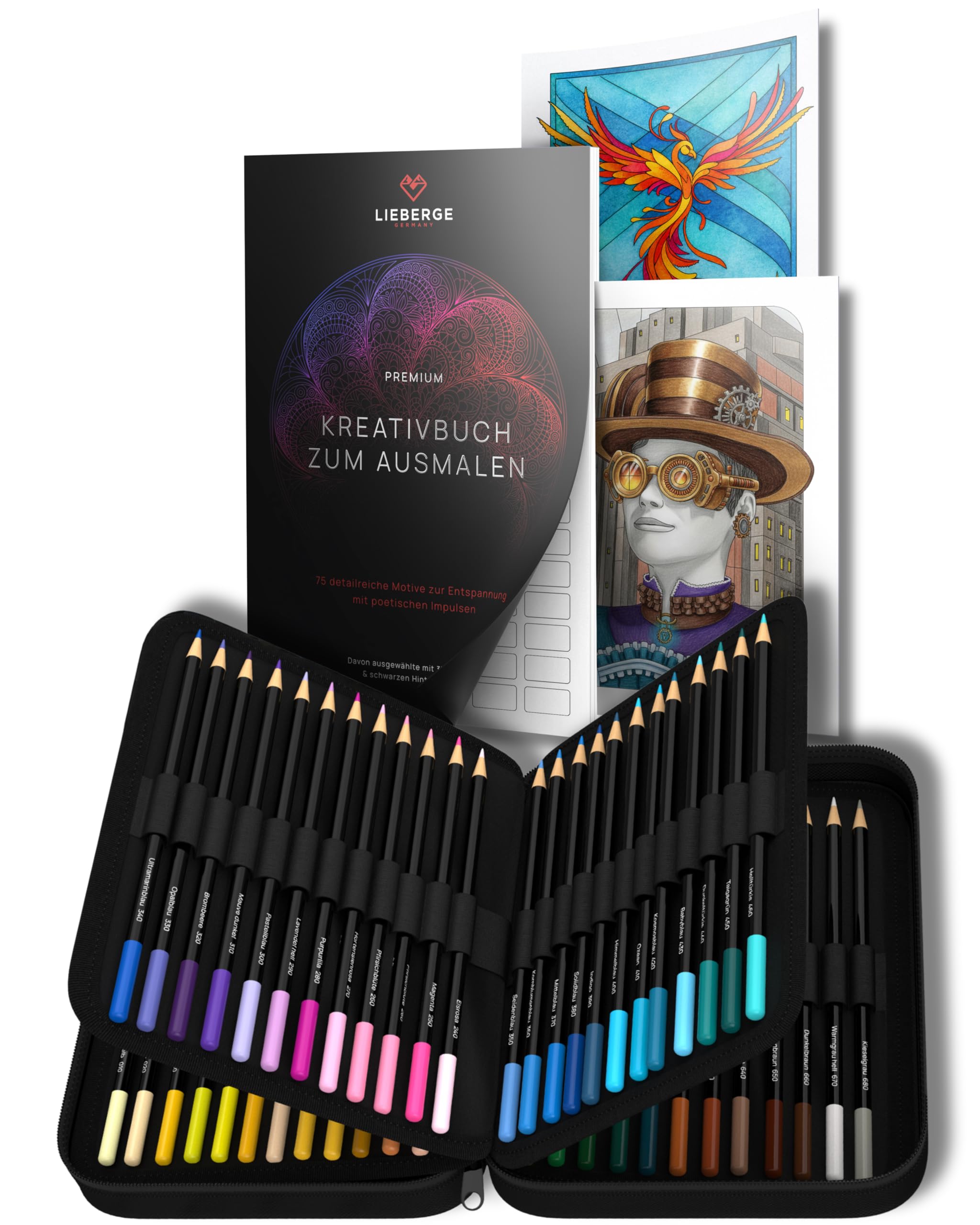 LIEBERGE Premium Mal-Set: Buntstifte Set in Profi-Nylon-Etui (72 Farben | hochpigmentierte Colored Pencils) + Malbuch für Erwachsene (75 Motive mit Zitaten & Impulsen)