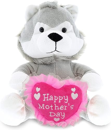 Miniatura 1 de DolliBu Feliz Día de la Madre - Figura de lobo sentado súper suave, lindo animal de peluche con mensaje de corazón rosa para la mejor mamá, abuela,