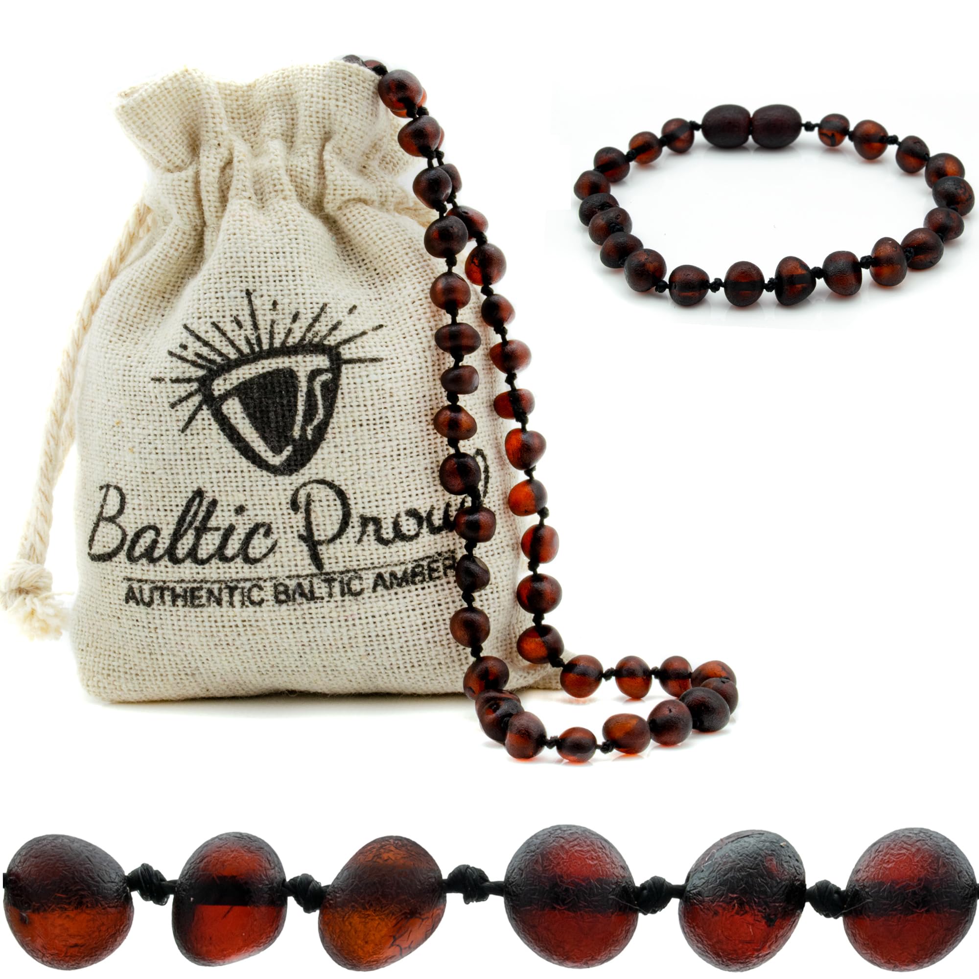 Baltic Proud Amber Necklace and Bracelet Gift Set (Unisex Cherry Raw 12.5 Inches/5.5 Inches) - Certified Premium Quality Raw Baltic Sea Amber