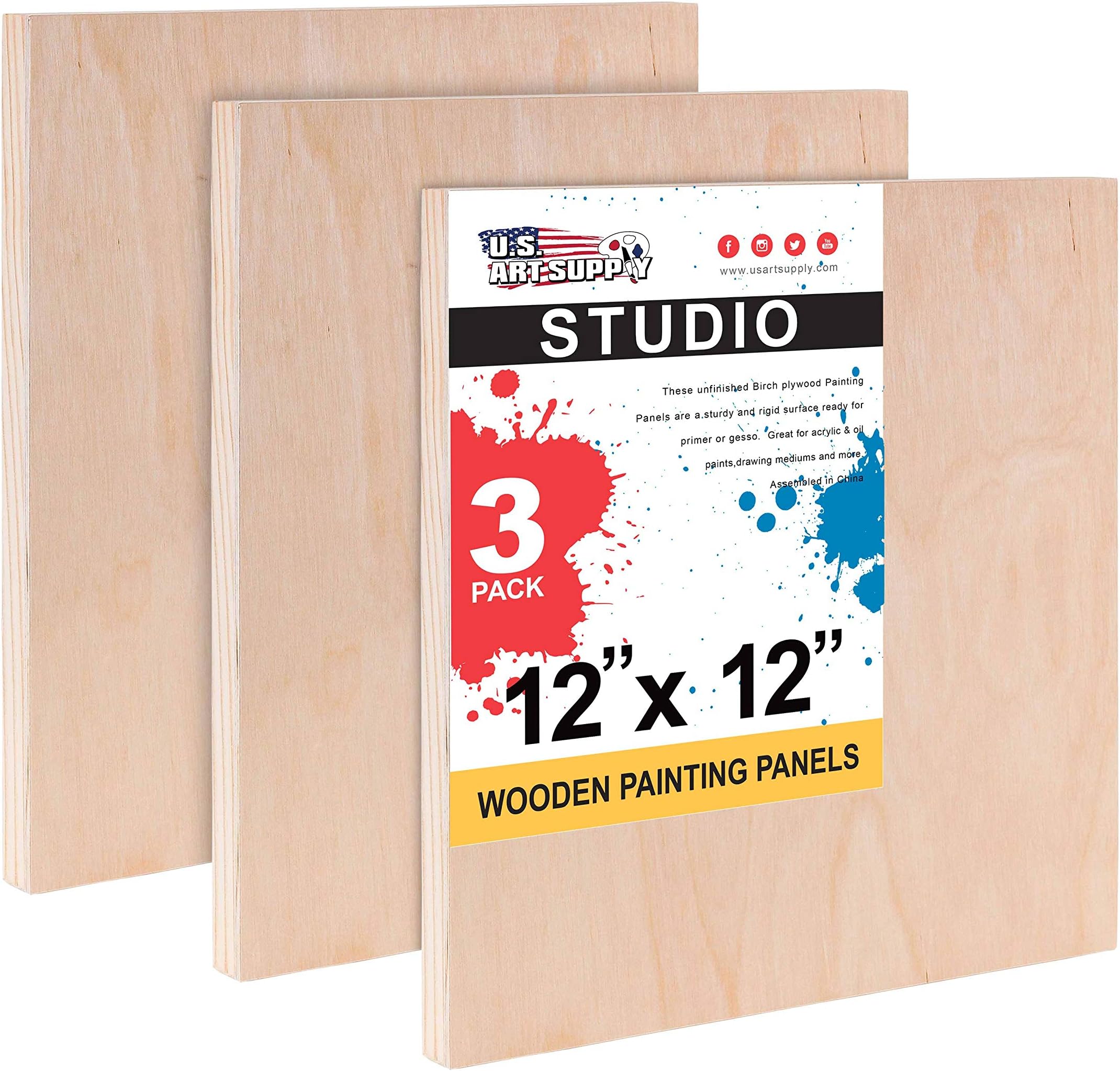 U.S. Art SupplyUnfinished Cradled Wood Panels for Painting, 3 Pack of 12x12 inch - Studio Birch Wooden Canvas Boards 3/4" Deep - Mixed-Media Craft, Acrylic, Oil, Encaustic, Paint Pouring Panel Board