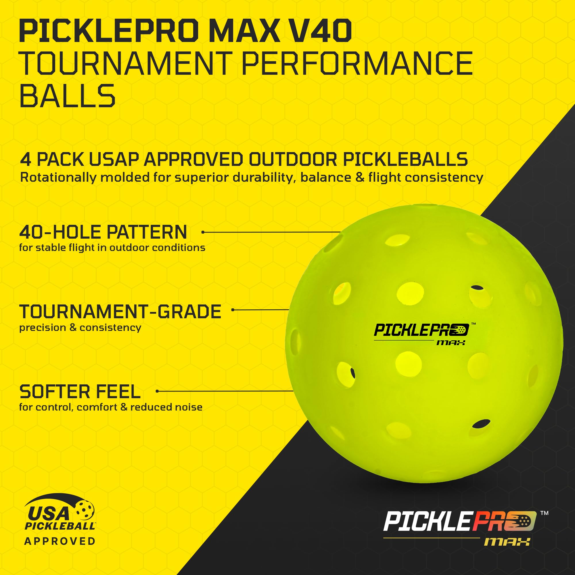 Palline da pickleball modellate rotazionalmente per giocatori competitivi - Design morbido a 40 fori in LDPE di alta qualità - Approvato USAPA, grado di torneo, controllo preciso e durata superiore