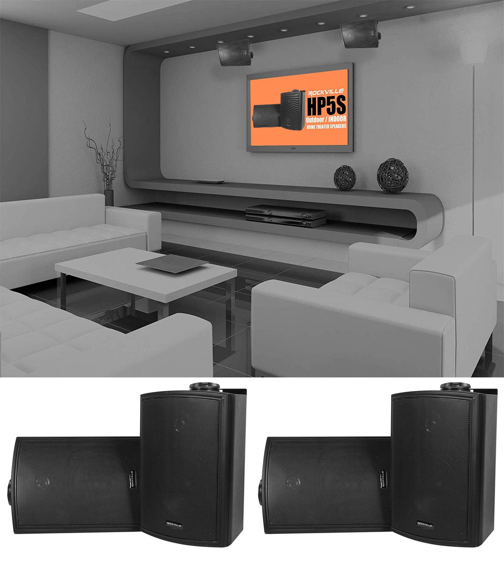 HP5S-8 BK 5.25" 420W Peak/140W RMS per Pair Marine Outdoor/Indoor Wall Mount Speakers, 8-Ohm, Weather Resistant, Swivel Brackets, Paintable Grill, for Home Theater, 4-Piece