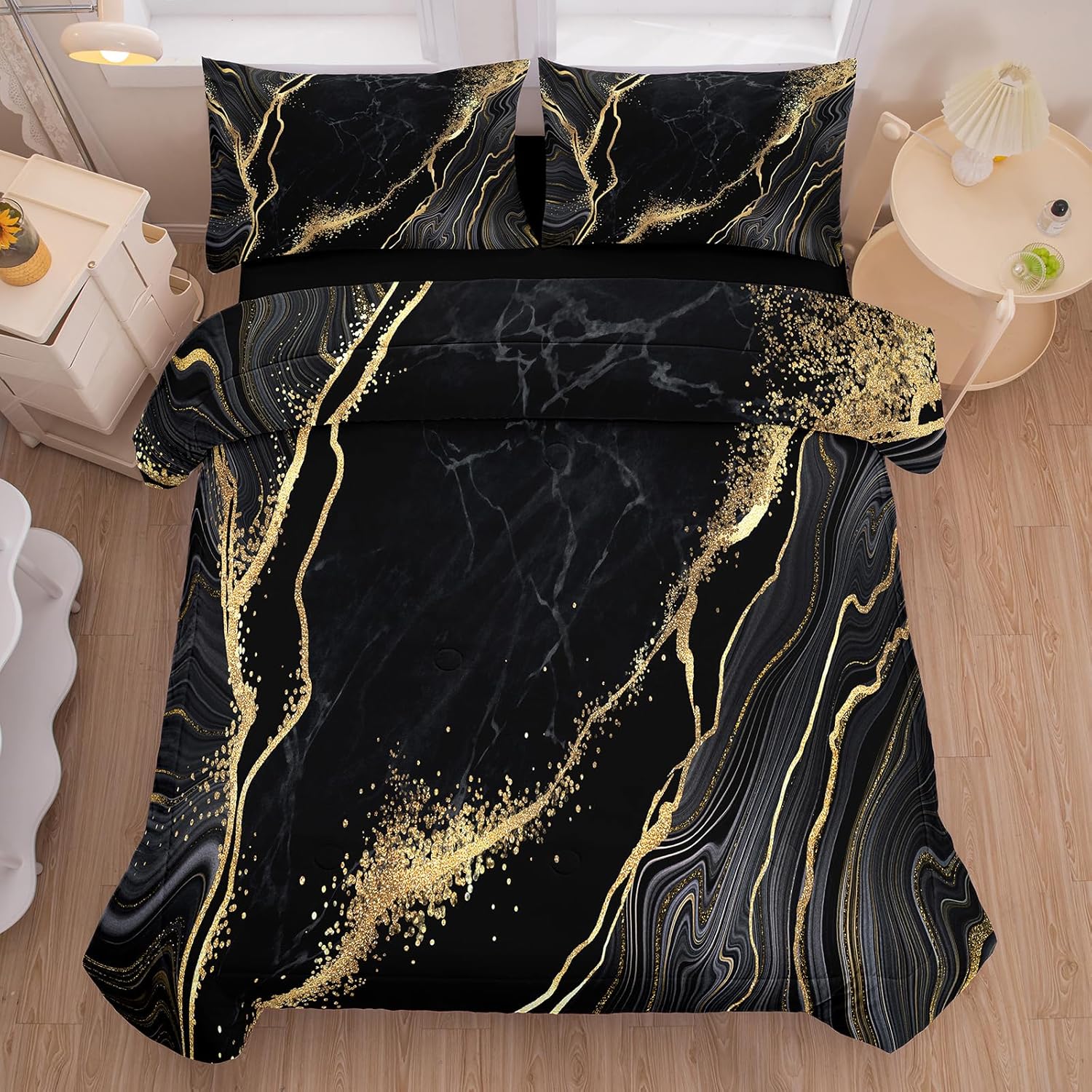 Tailor Shop 5PCS Marble Bedding Set Black and Gold Comforter Set Queen Size Bedding for Kids Men and Women