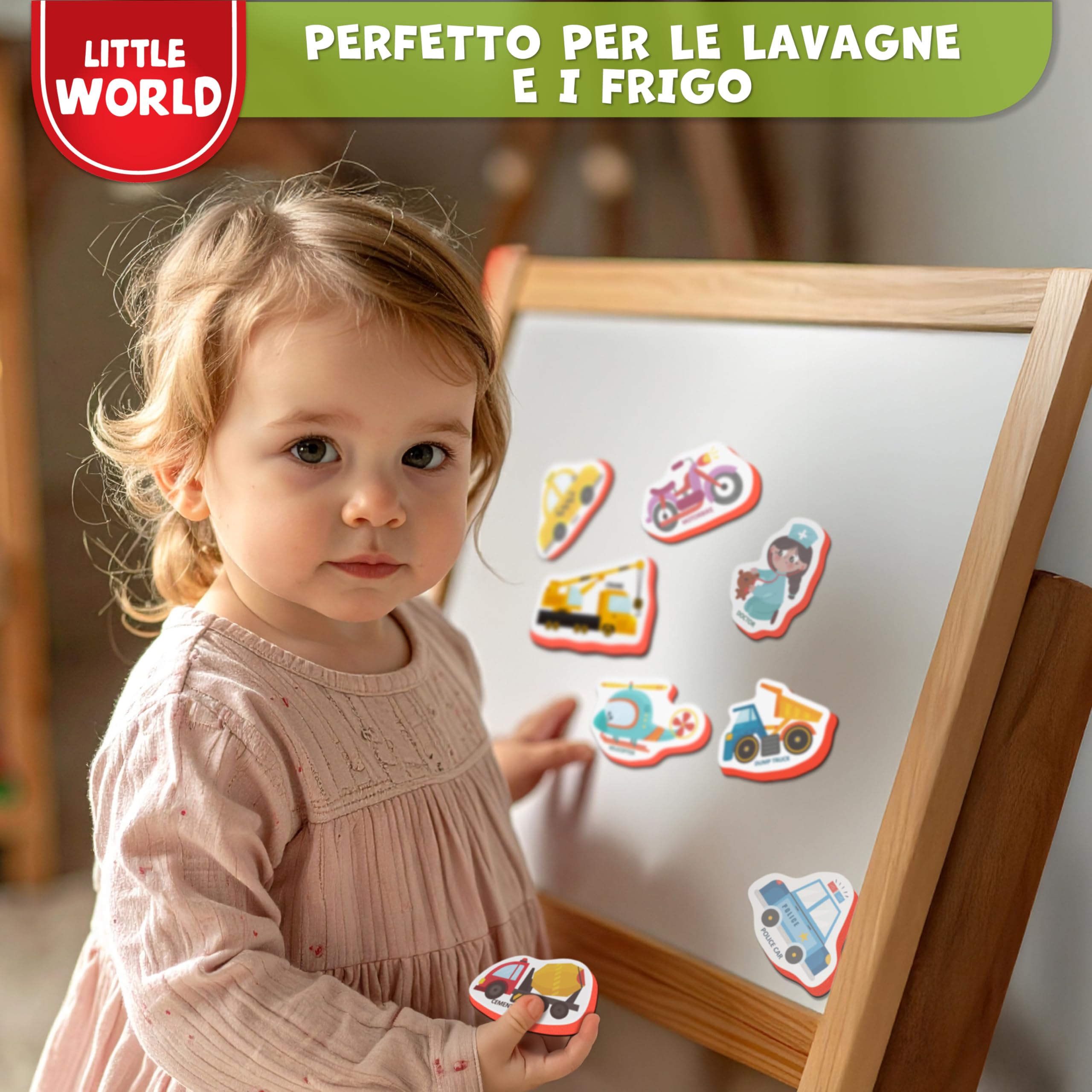 Little World 25 magneti da frigo per bambini da 1 a 3 anni, sicuri, durevoli, impermeabili, in schiuma, con confezione regalo colorata, magneti atossici per veicoli e professioni, per bambini e