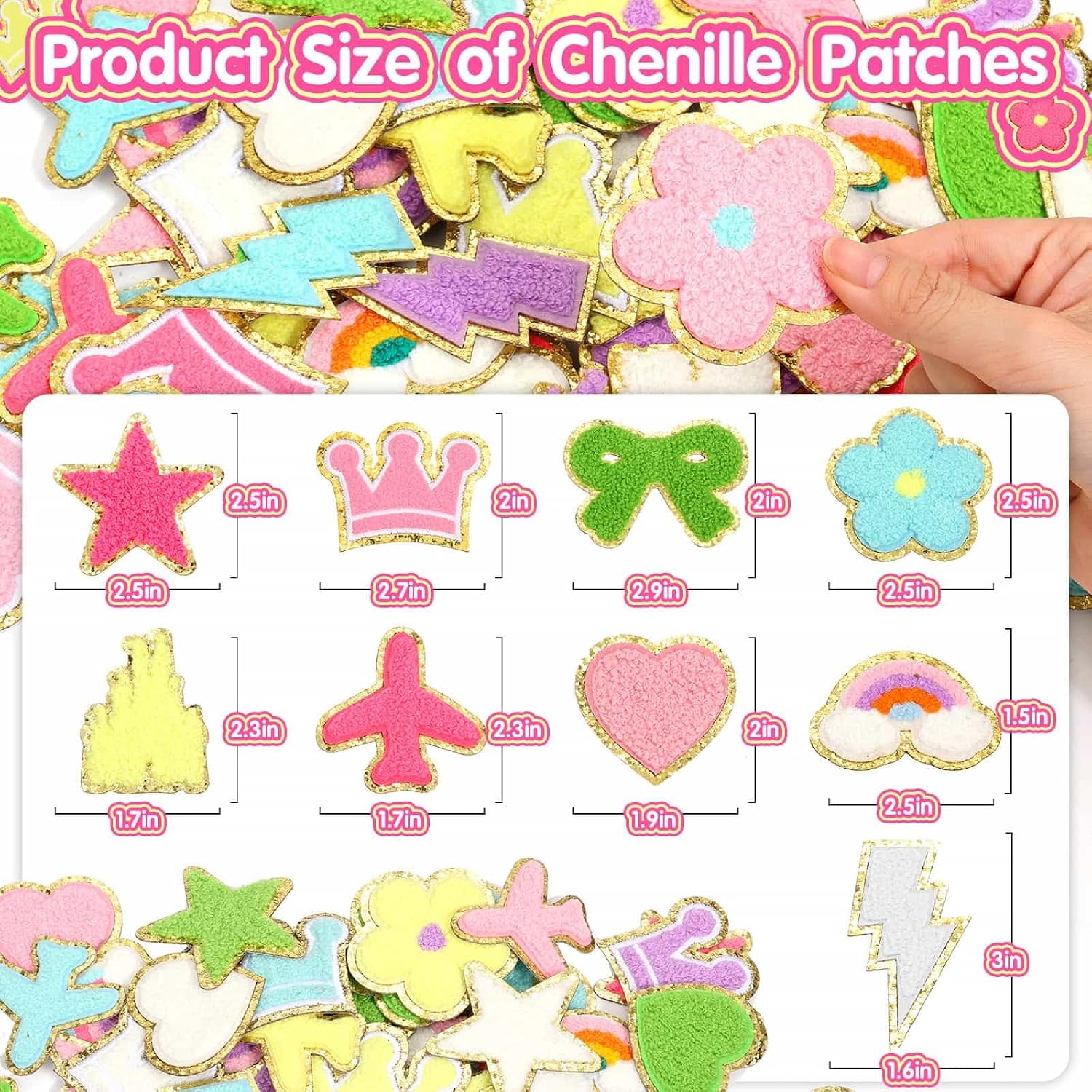 63Pcs Self-Adhesive Chenille Patches, Preppy Stick On Fuzzy Sticker Cute Star Bow Flower Heart Rainbow Lightning Chenille Patches for Fabric Clothing Backpack Hats Bags Jackets Jeans Decor