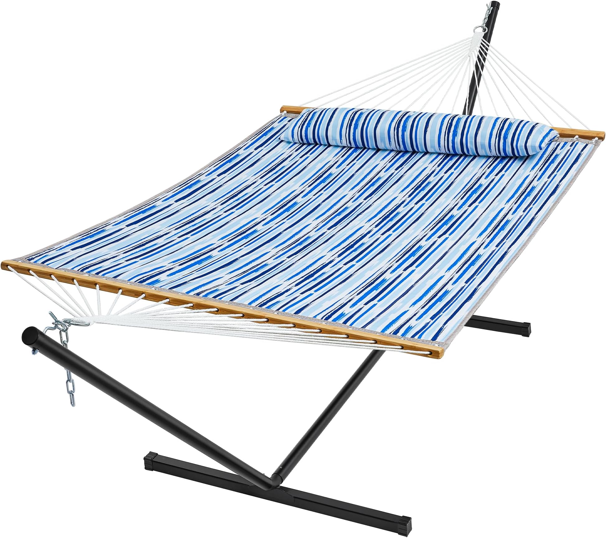 SUPERJAREHammock with Stand, 2 Person Quilted Outdoor Hammock, Detachable Pillow & Bamboo Spreaders, Portable Hammock with Carrying Bag, Heavy Duty Stand, Perfect for Outside, Patio, Graffiti Blue