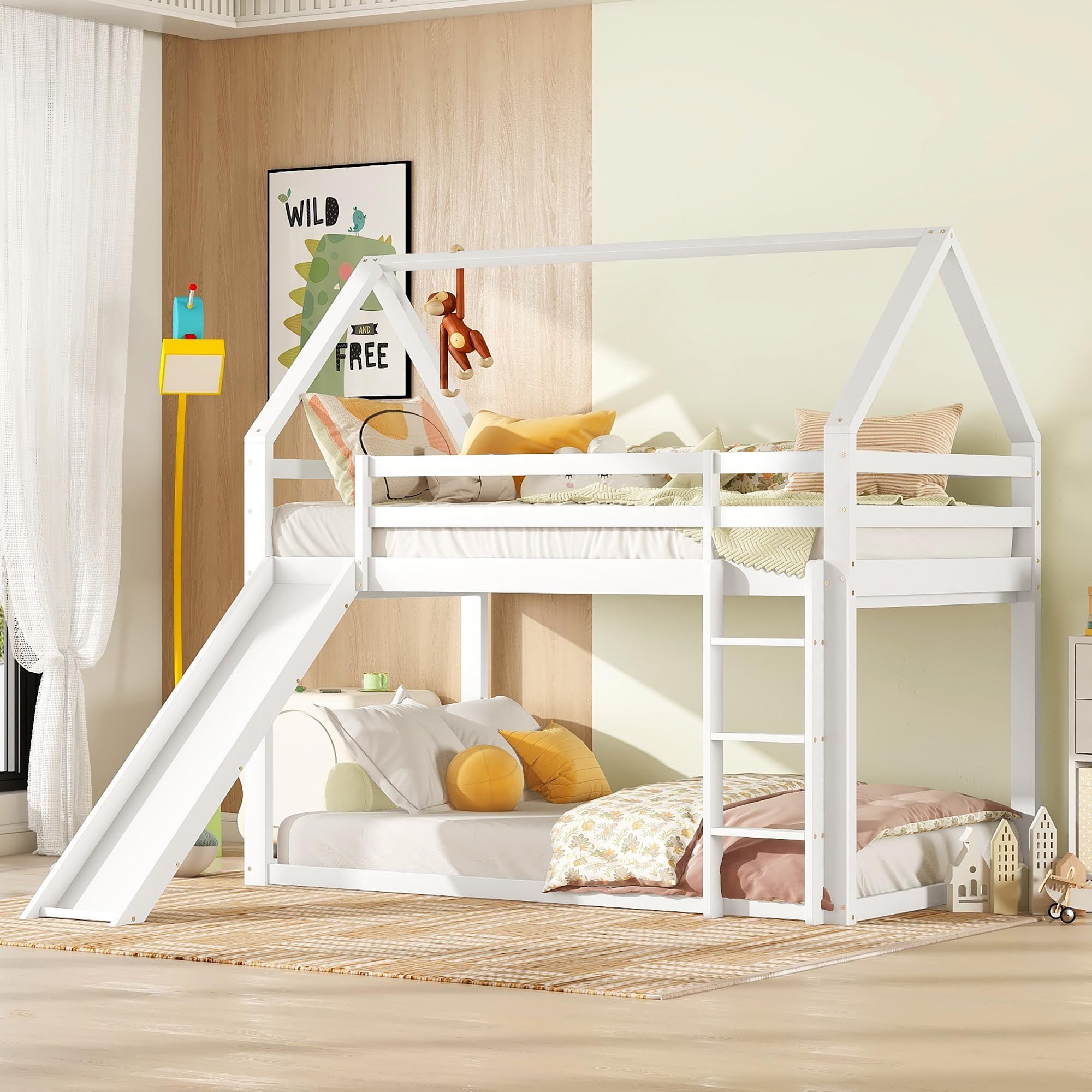 Dolamaní Hochbett Haus Etagenbett 2 Kinder 90x200 cm Weiß, Kinderbett mit Rausfallschutz, Rutsche und Treppe können die Plätze tauschen