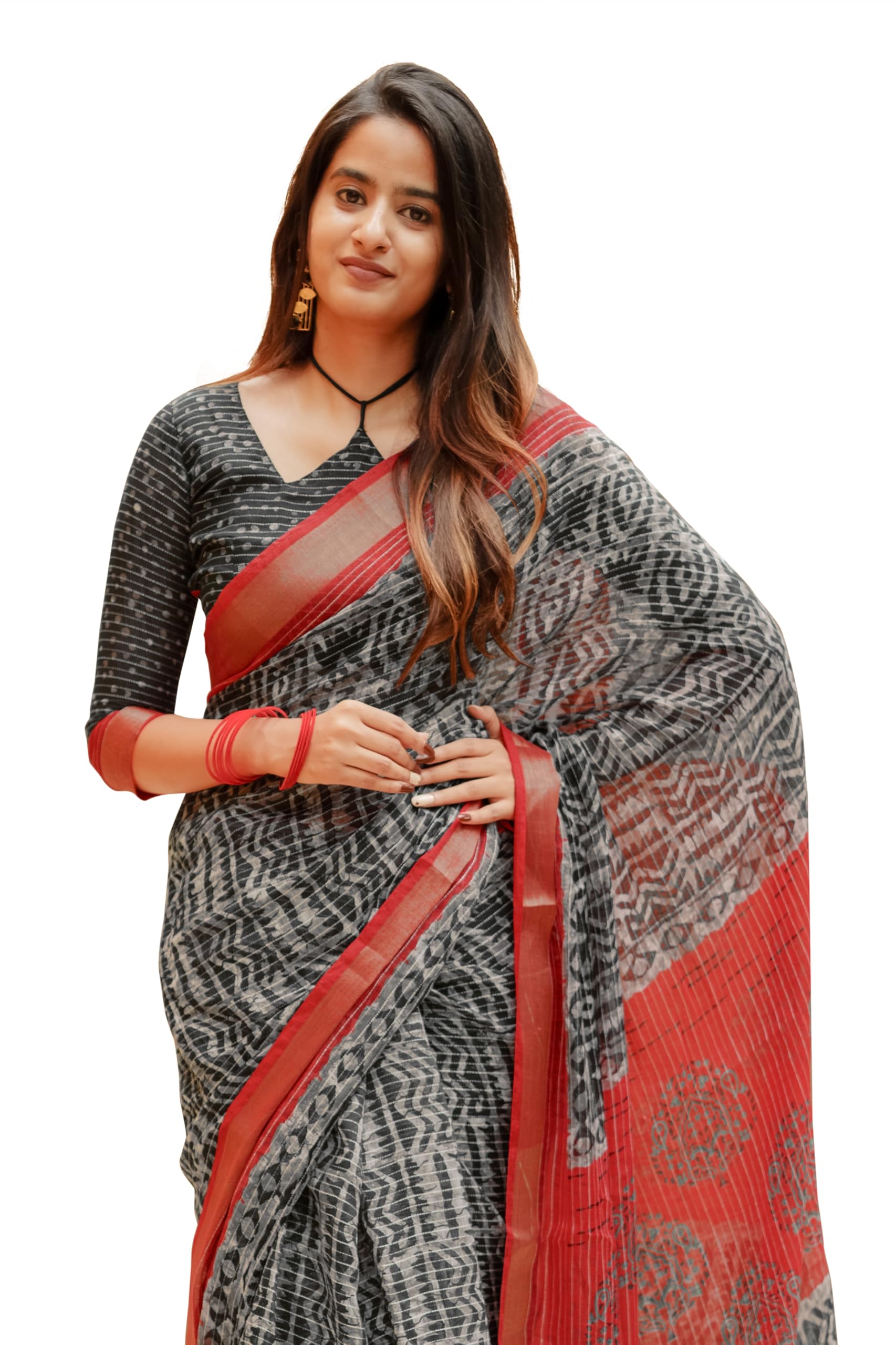 mirchi fashion Women's Cotton Blend Bagru Printed Kantha Work Saree with Blouse Piece (50736 - Black, Grey,Red)-picture-11