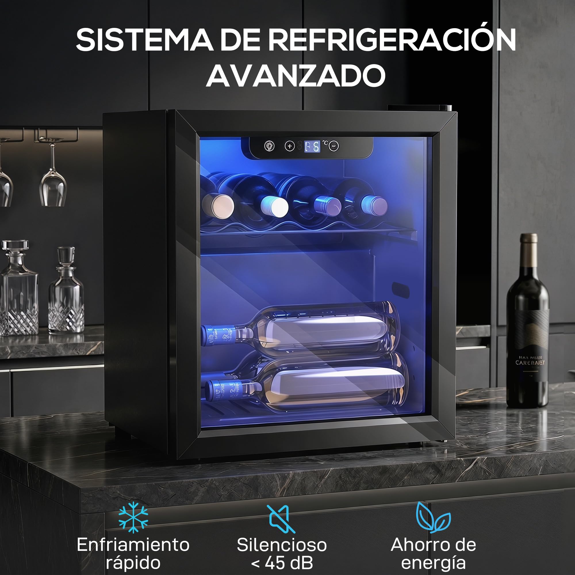HOMCOM Vinoteca 12 Botellas, Nevera para Vinos con Capacidad de 36 L, Temperatura Ajustable 4-16℃, Puerta de Vidrio, Luz LED, Pantalla Táctil Digital, para Bebidas, Negro
