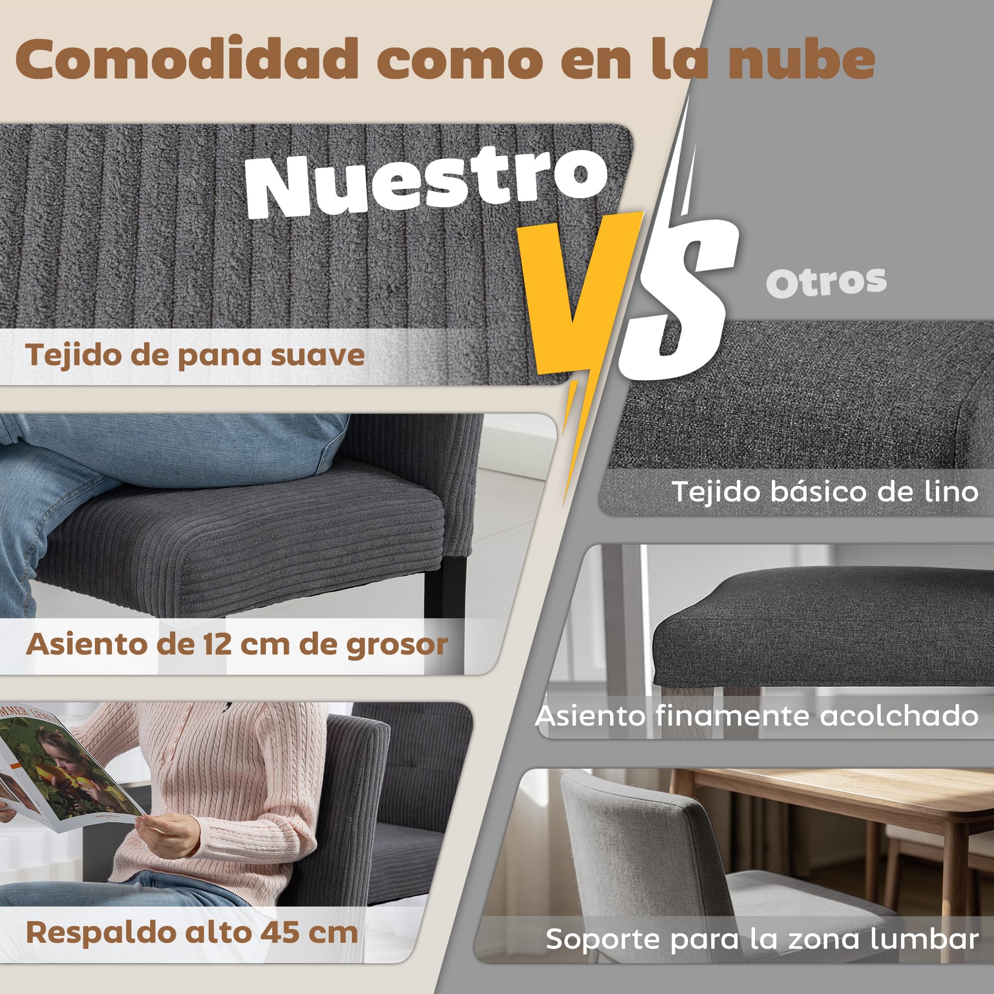 HOMCOM Pack de 4 Sillas de Comedor, Sillas de Cocinas Modernas, Respaldo Alto, Tapizadas en Pana, Asiento Acolchado, Patas de Madera, para Salón, Gris