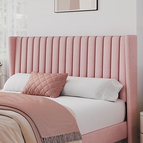 Miniatura 18 de Yaheetech - Base de cama matrimonial, plataforma tapizada con cabecera de borde ala, base de colchón de tela capitoné cuadrada, soporte de listones