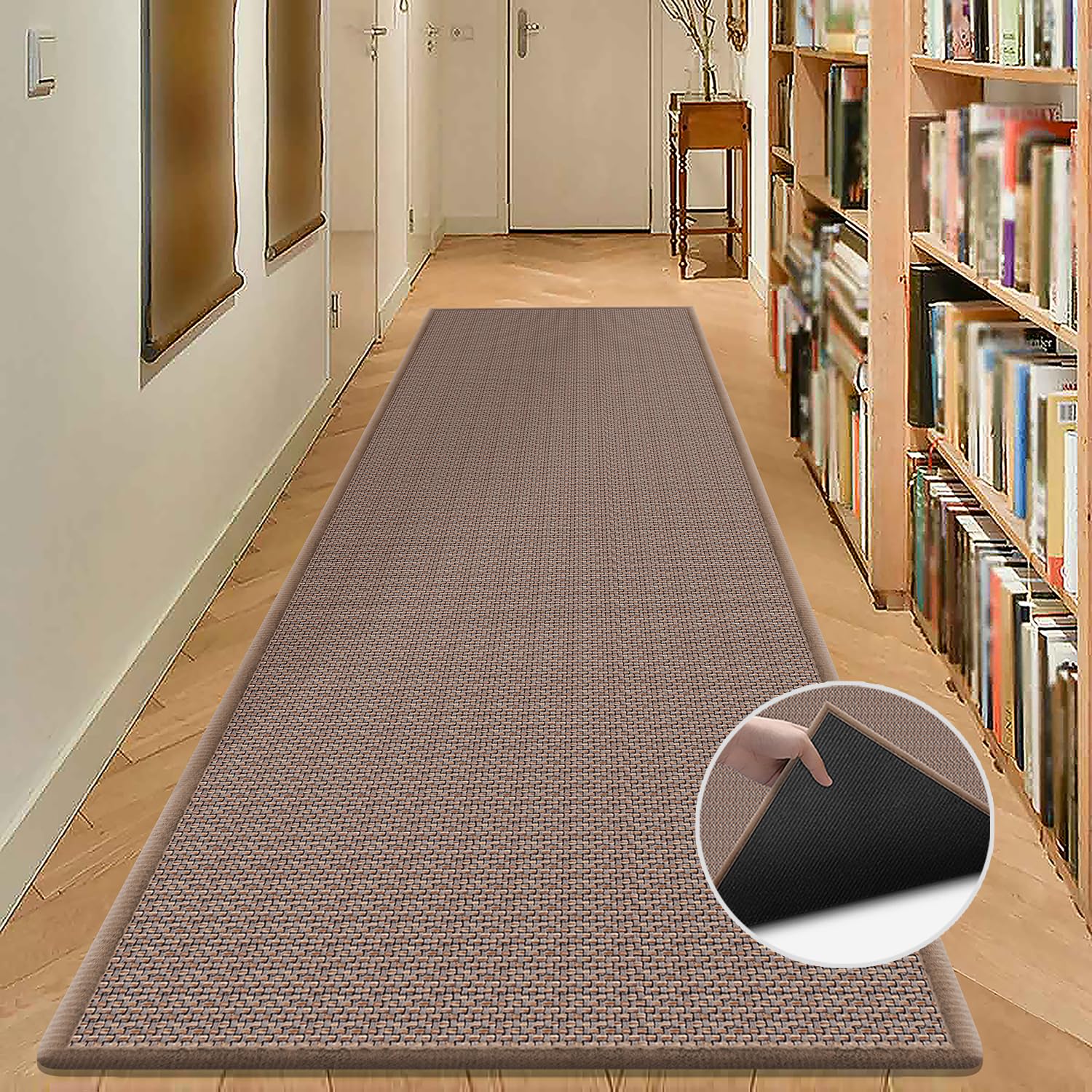 10ft Hallway Runner Rug Mat Non Slip, 120"x28" Low Profile Runner Rugs with Rubber Backing, Extra Large Rug Runner Carpet, Easy Clean Entry Rug Rubber Floor Mats, Light Brown