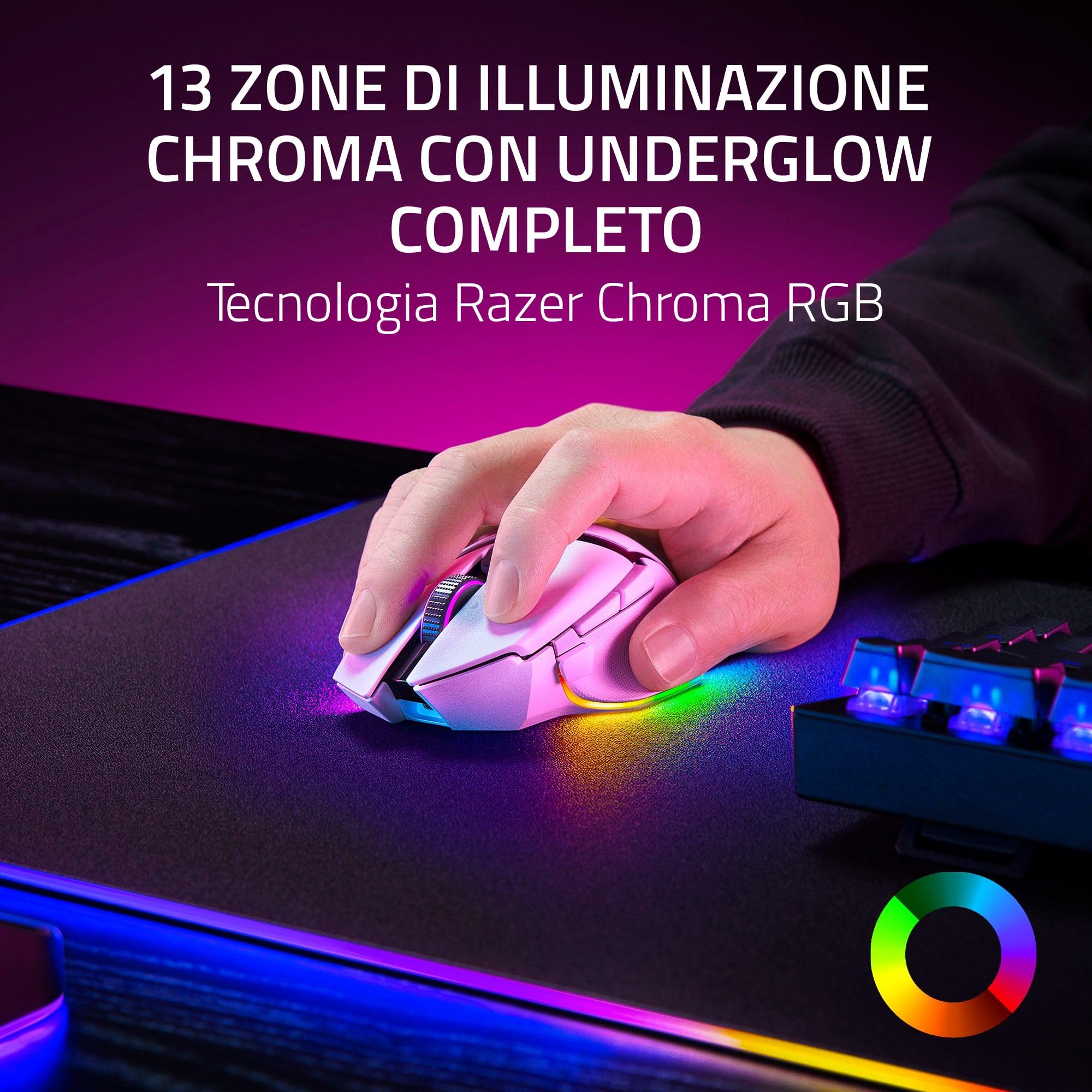 Razer Basilisk V3 Pro - Mouse da Gioco Wireless Personalizzabile con Rotellina Inclinabile Razer HyperScroll (Sensore Ottico Focus Pro 30K, Chroma RGB, Pulsanti Programmabili 10 + 1) Bianco - Vista 6