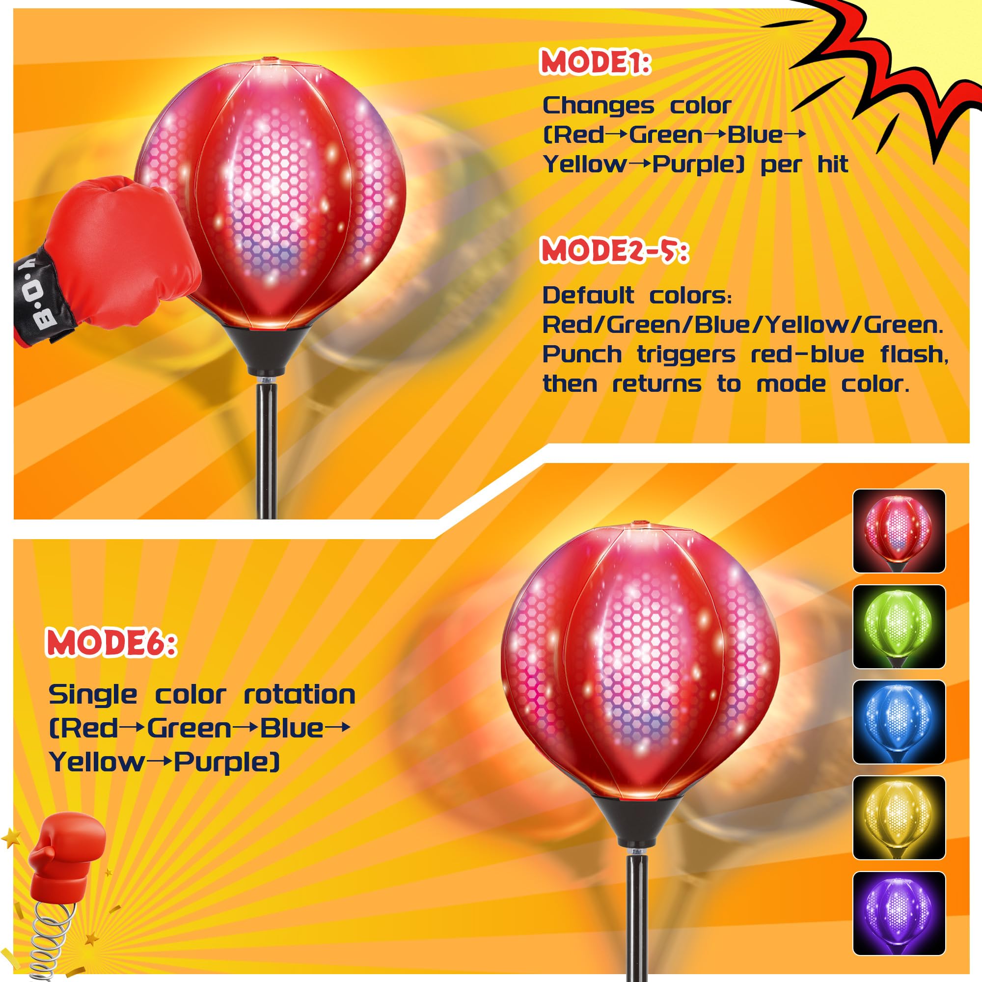 JOY SPOT! LED Boxsack mit Ständer, Höhenverstellbar Punchingball für Kinder, Boxen Set inkl. Boxhandschuhe & Pumpe, Leuchtender Punching Bag für Erwachsene, Boxball-Set Spielzeug für Speed Training