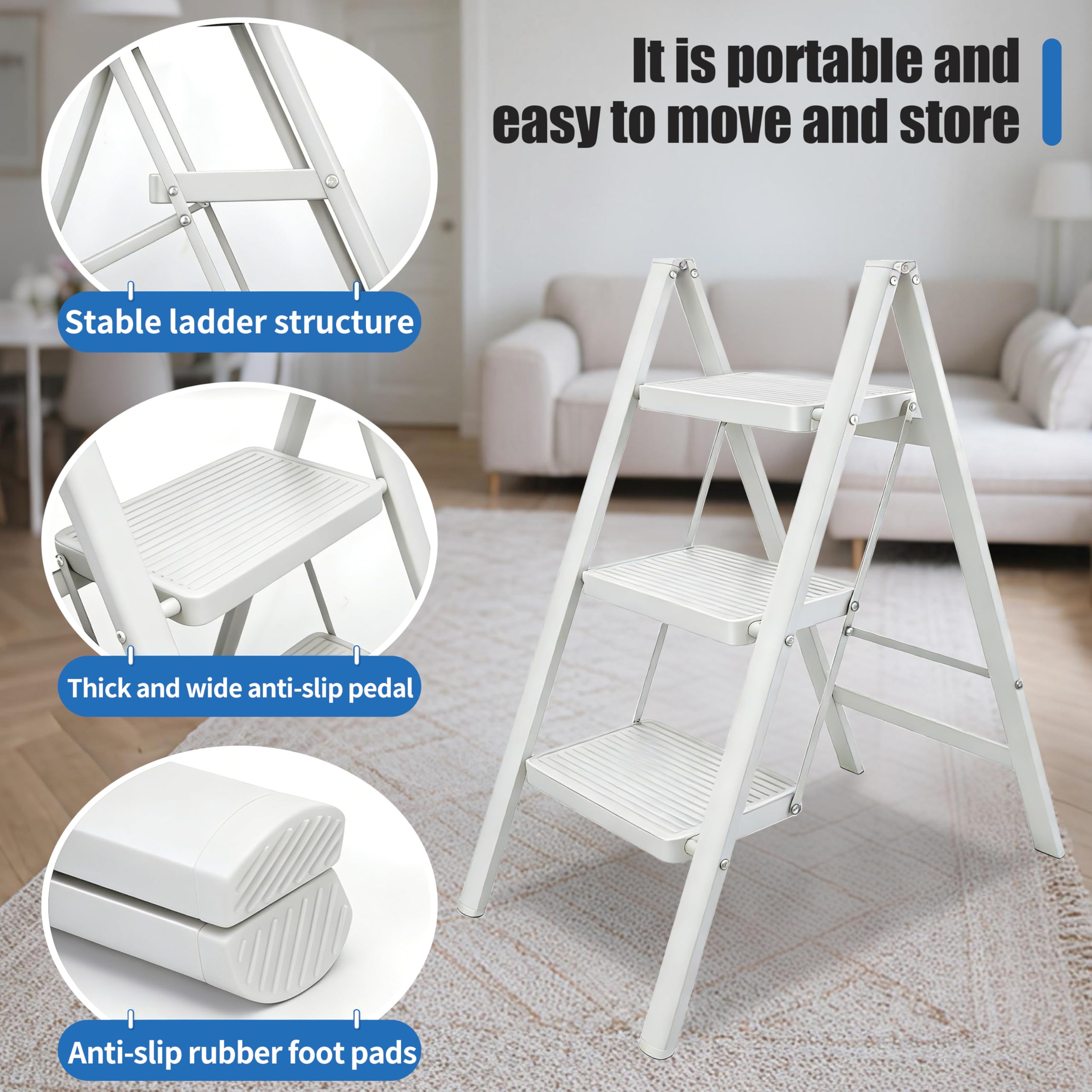 Scaletta Pieghevole 3 Gradini, Portatile e Leggera Sgabello Stabile Leggero con Pedali Antiscivolo per Casa, Cucina, Bagno, Campeggio, Portatile fino a 150 kg (Bianco)