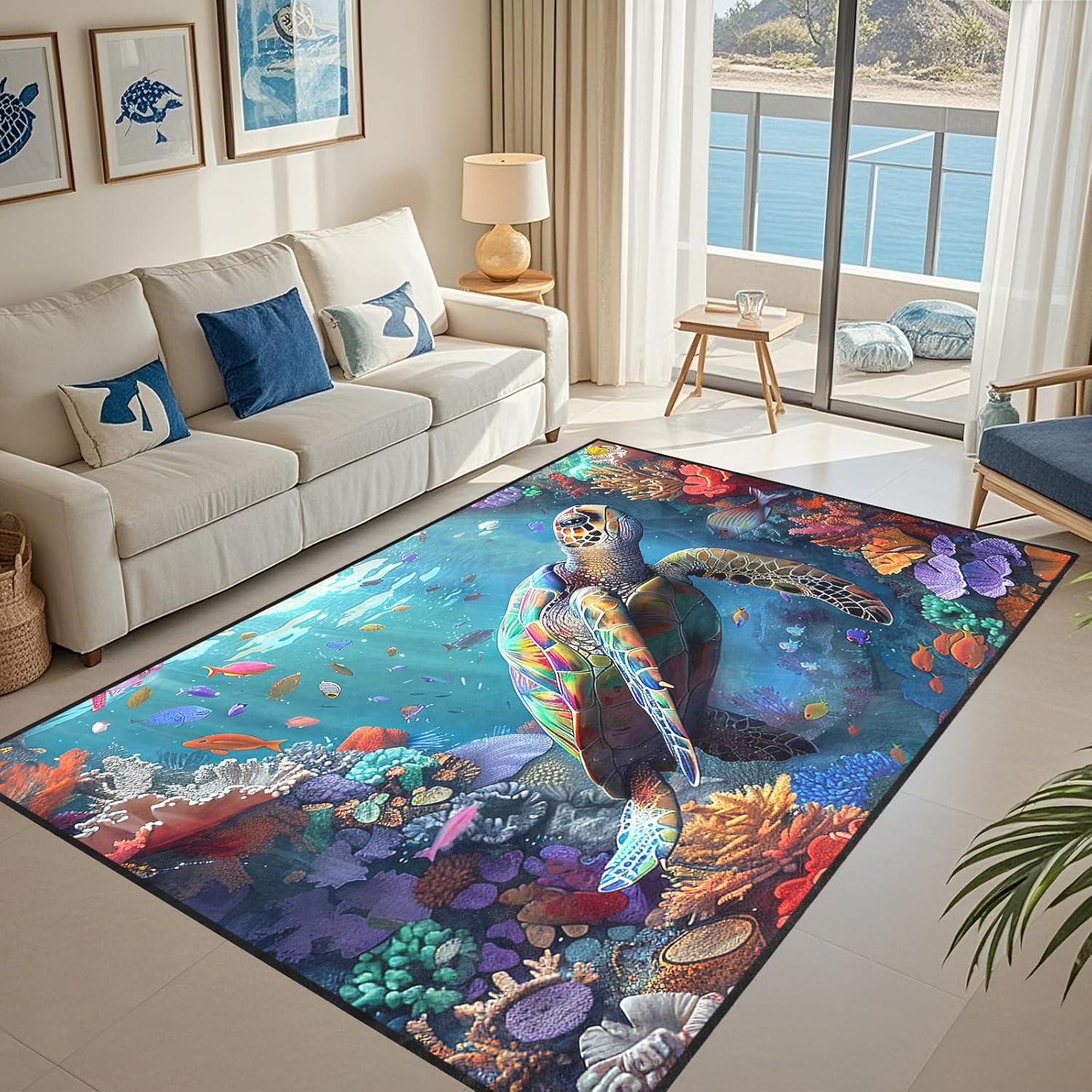 Sea Turtle Rug - 6x9 Feet Sea Turtle Rugs for Bedroom Colorful Coral Printted Carpet for Bedroom Sea Animal Underwater Carpet for Living Room Classroom Decor
