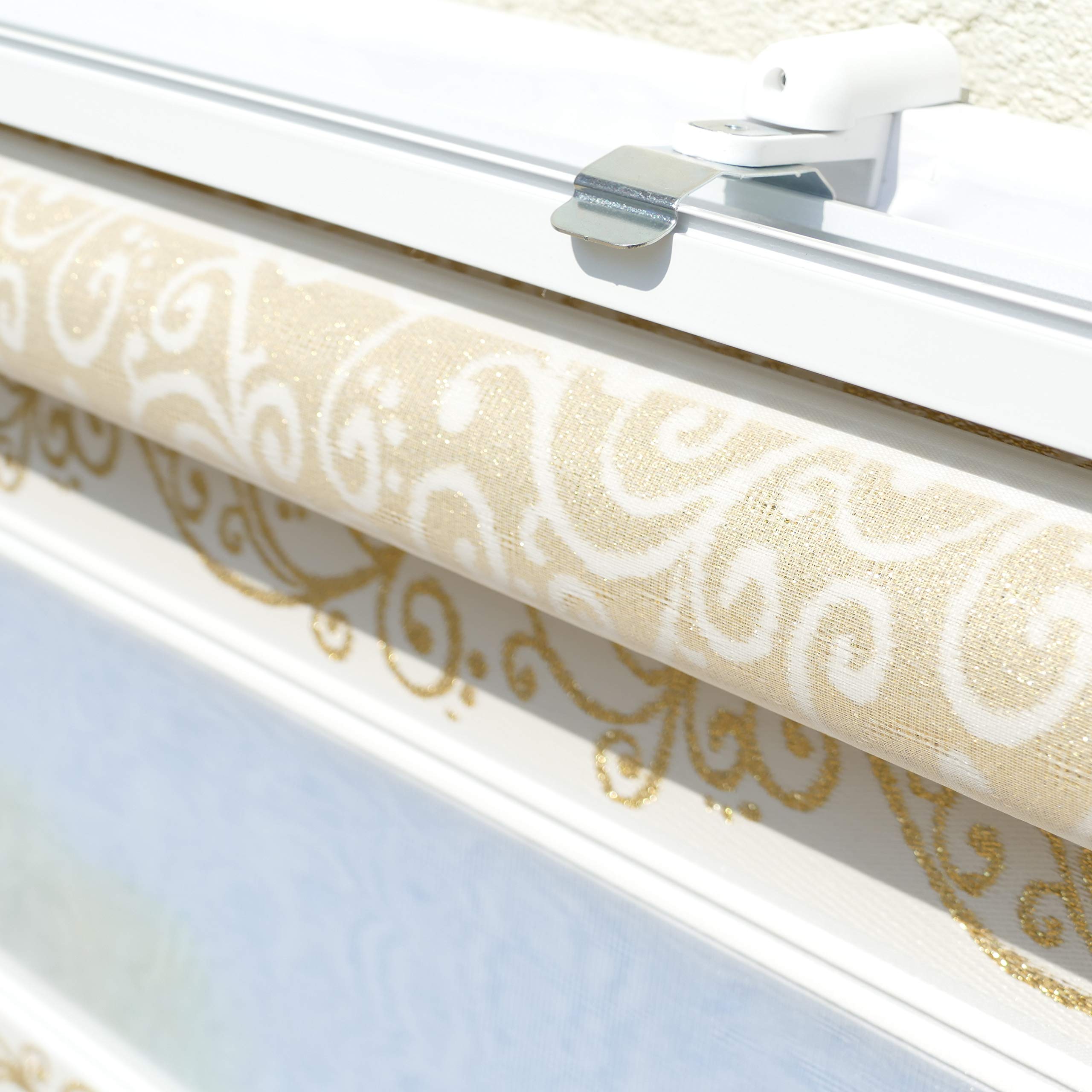 Brillant Doppelrollo Klemmfix ohne Bohren Beige Gold, 50x200cm (BxH), Stoffbreite 46 cm, mit Muster, Volant und Perlen, Duo Rollo für Fenster und Türen, Made in Germany
