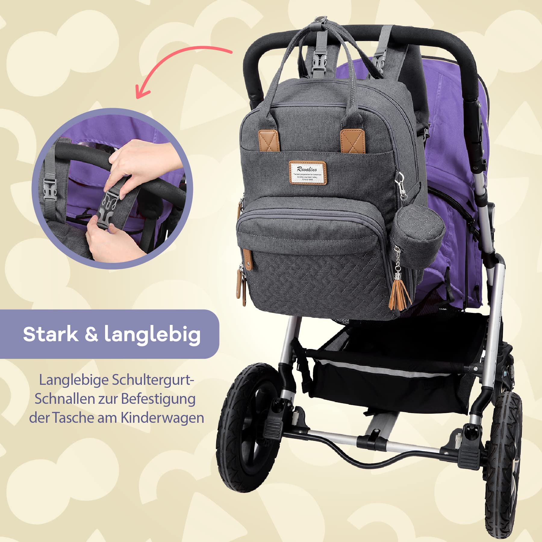 RUVALINO Baby Wickelrucksack Wickeltasche Rucksack mit tragbarer Wickelauflage, Schnullerhalter und Kinderwagengurten, Babytasche Multifunktional für Mama und Papa, Dunkelgrau