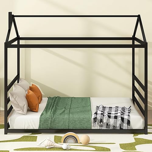 Miniatura 130 de Cama de metal de tamaño individual con valla para niños, adolescentes, niñas, niños, cama de piso de casa, camas Montessori, se puede decorar marco