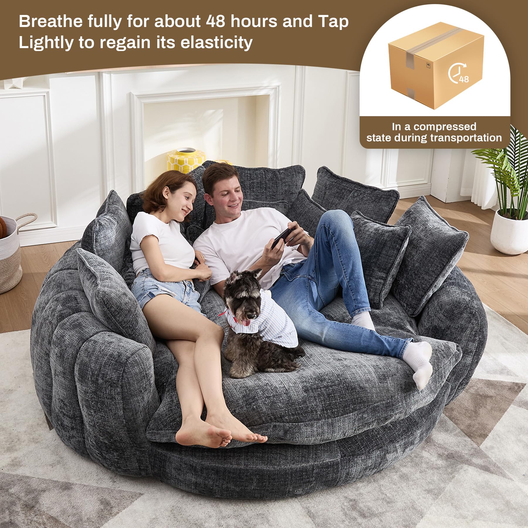 Wrofly 81.1" W Oversized Round Chaise Lounge, Fluffy Lazy Bean Bag Sofa with 14 Pillows, Comfy Chenille Upholstered Barrel Sleeper Bed, Modern Deep Seat Cloud Couch for Living Room, Beige: Grey