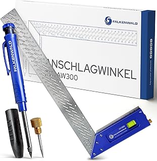 Falkenwald Try Square 300 mm + Deep Hole Marker + Scriber - Exact Carpenter's Angle with Spirit Level - Precise Engineer's Angle 90°/45° for Wood & Metalwork - Highly Precise & Rustproof