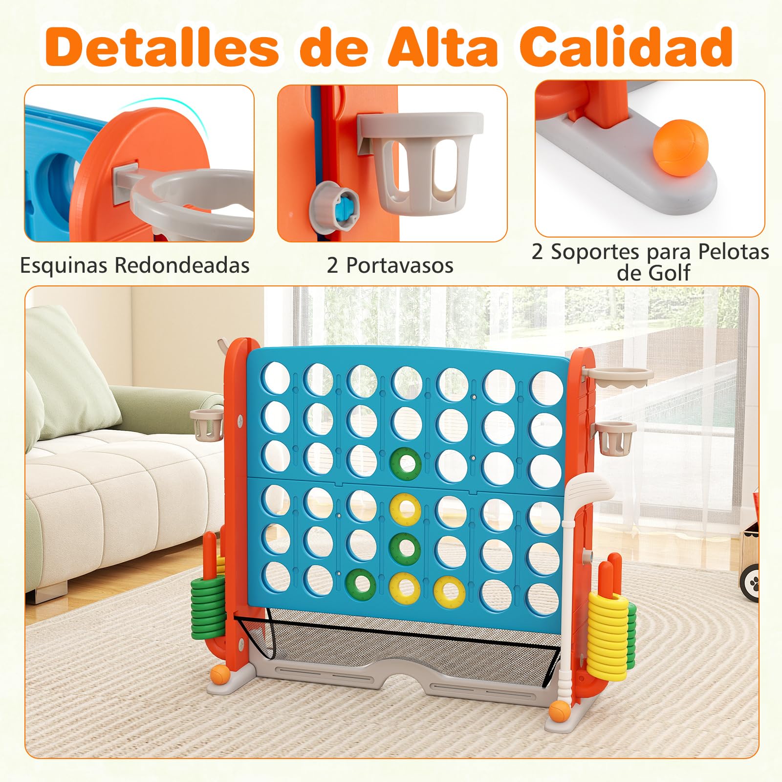 COSTWAY Juego Gigante 4 en Raya, 4 en 1 Juego de Conecta 4 Gigante con Lanzamiento de Aros, Aro de Baloncesto, Palo de Golf, Portavasos y Bolsa de Almacenamiento, 4 Alturas Ajustables (Azul)