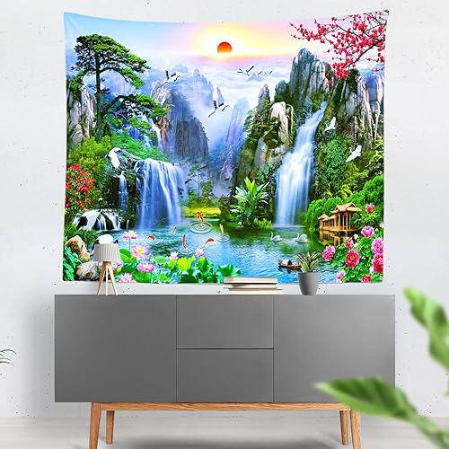 Miniatura 7 de Keveloya Tapiz decorativo de paisaje, cascada para colgar en la pared, lagos de grulla blanca, amanecer, bosque, paisaje natural, tapiz de pared