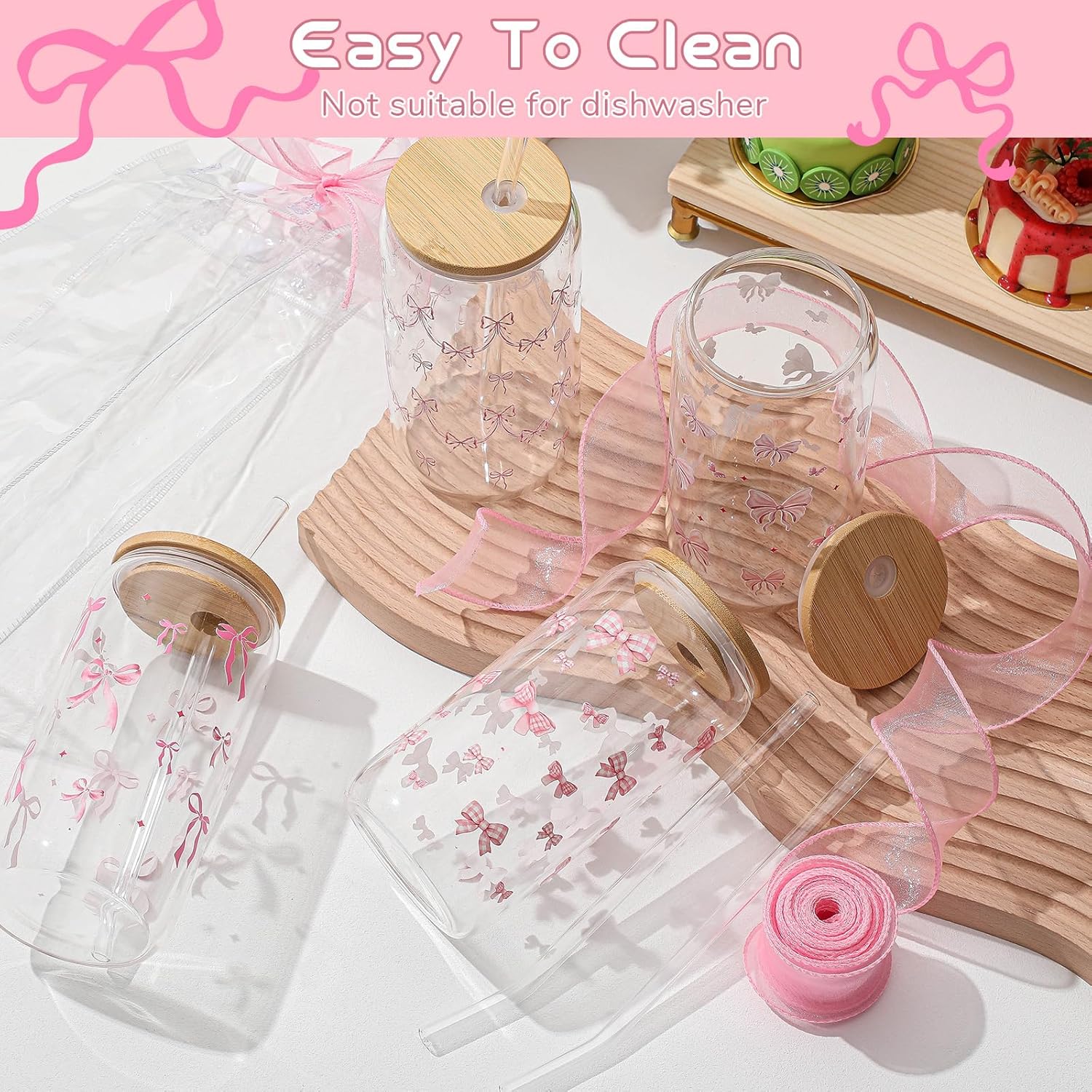 Mumufy 8 Sets Coquette Bow Glass Cups with Clear Gift Bag 16 oz Reusable Pink Iced Coffee Mugs Aesthetic Cute Tumbler with Lids and Straws, Gifts for Girls Women Bridesmaid - Image 5