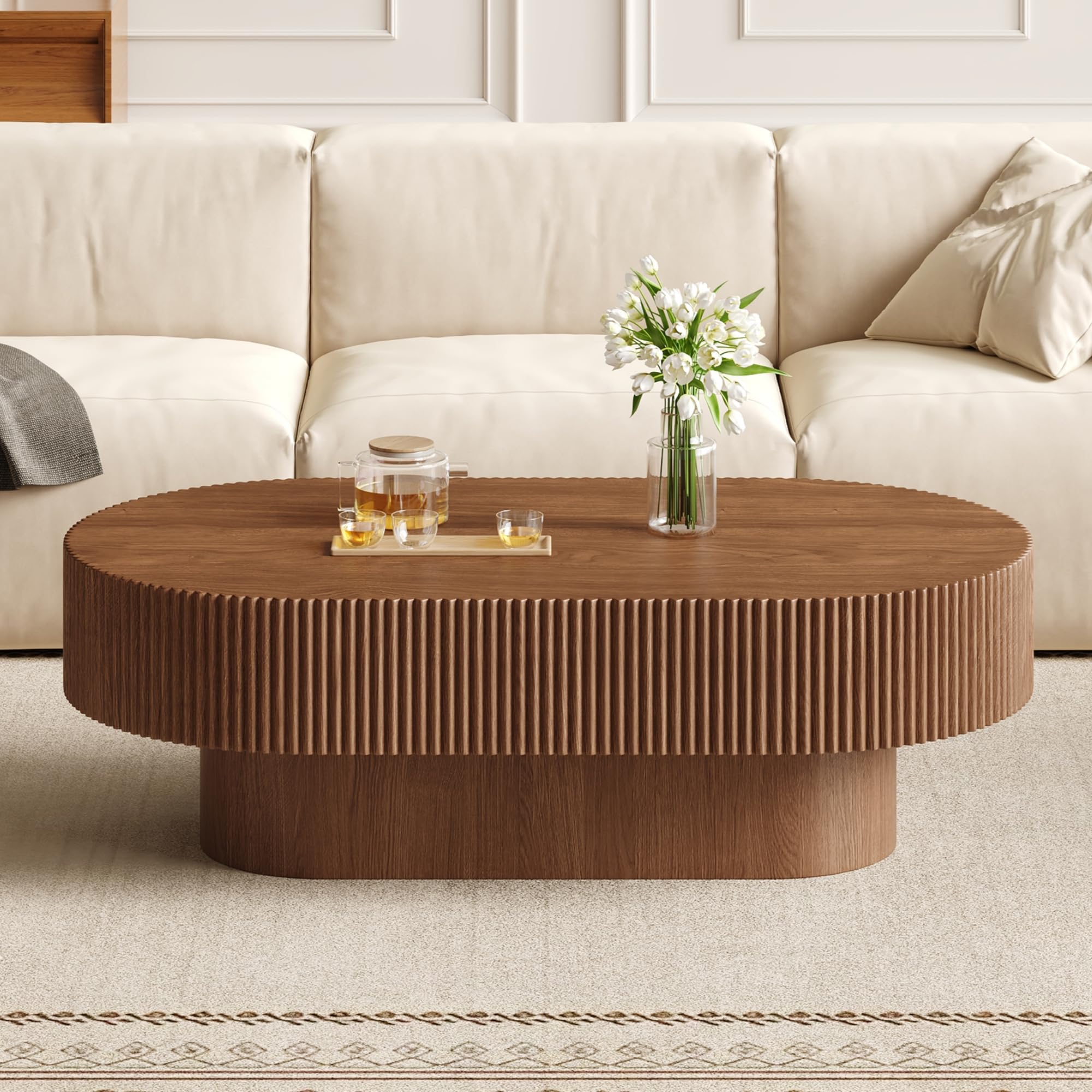Merax Modern Wood Oval Coffee Table with Sturdy Base, Easy Assemble,Walnut