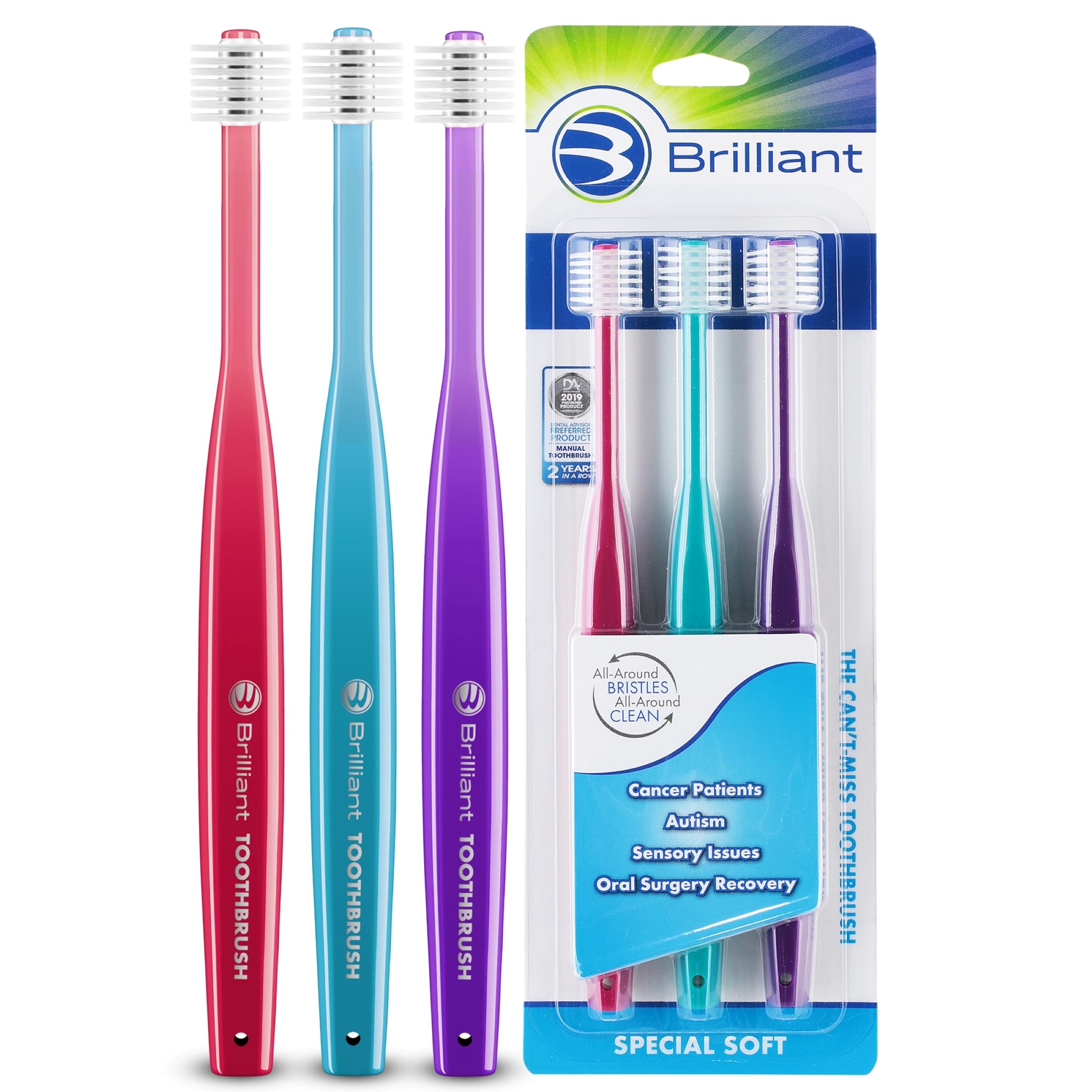 Brilliant Specialty Adult Round Toothbrush for Sensitive Mouths to Support Chemo and Other Sensory Oral Care Needs with Ultra Soft Bristles, Assorted Colors, 3 Pack