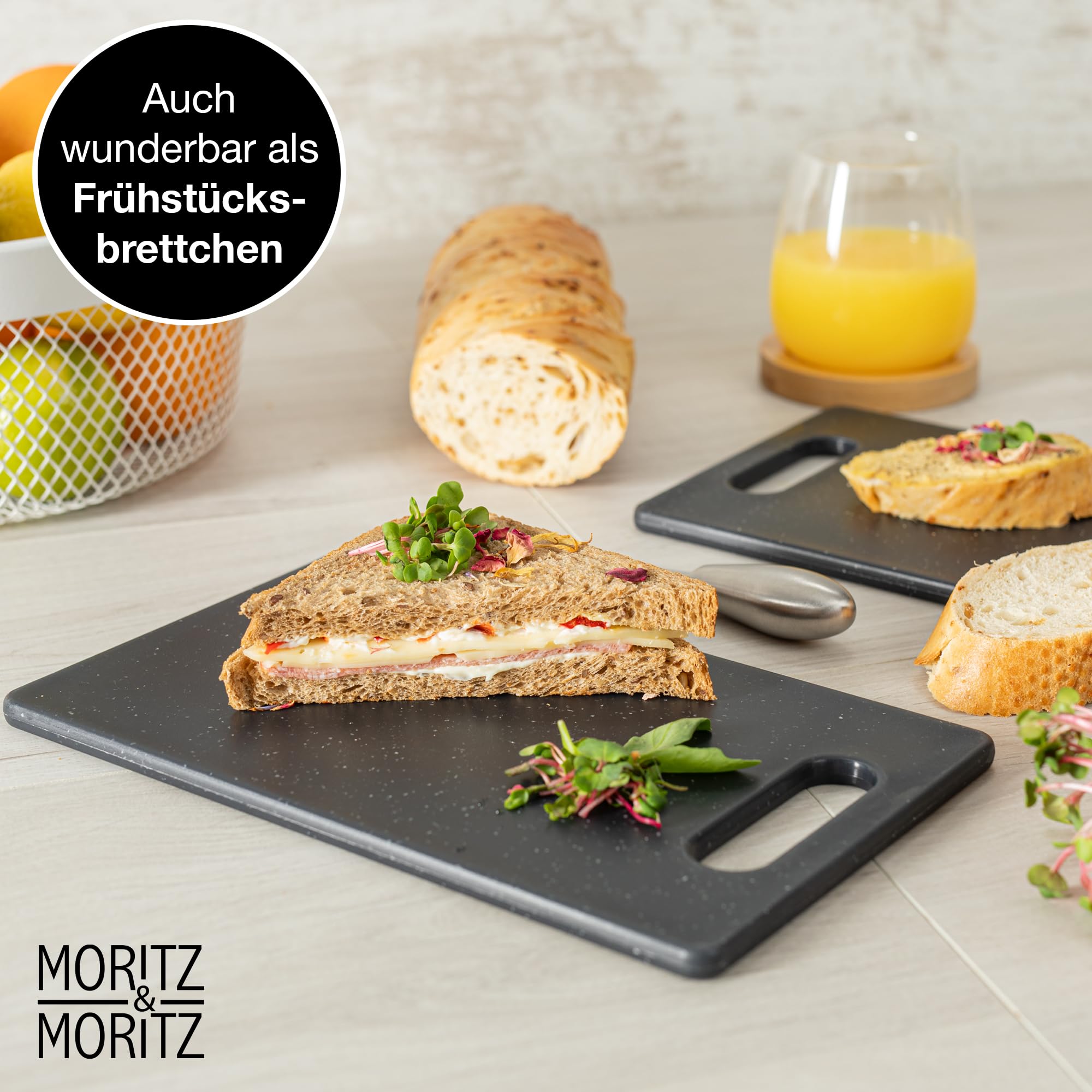 Moritz & Moritz Juego de 4 tablas de cortar de plástico en aspecto de granito, 25 x 15 cm, tablas de cortar sin BPA, tabla de desayuno, juego higiénico y apto para lavavajillas
