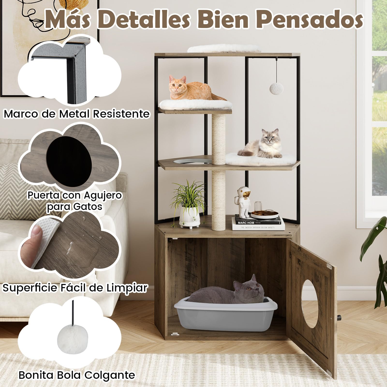 COSTWAY Árbol Rascador con Arenero para Gatos, Mueble para Gatos con 2 Postes Rascadores, 3 Alfombras, Agujero, Marco Metálico, Bola Colgante, Casa para Gatitos de Madera, 80 x 48 x 145 cm, Marrón