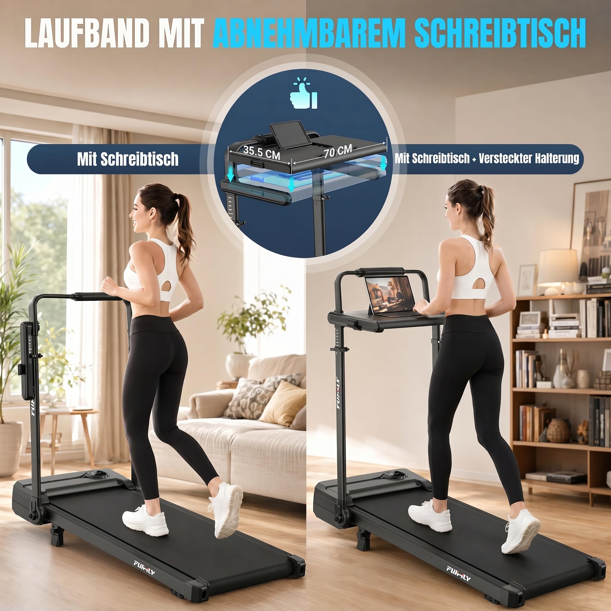 Walking Pad Laufband für Zuhause Klappbar - Walking Pad mit Steigung 9%, 8 in 1 Schreibtisch Laufband mit verstellbarem Handlauf 105-115 cm, 3.5 PS Leise Treadmill für Home Office & Büro bis 150 kg