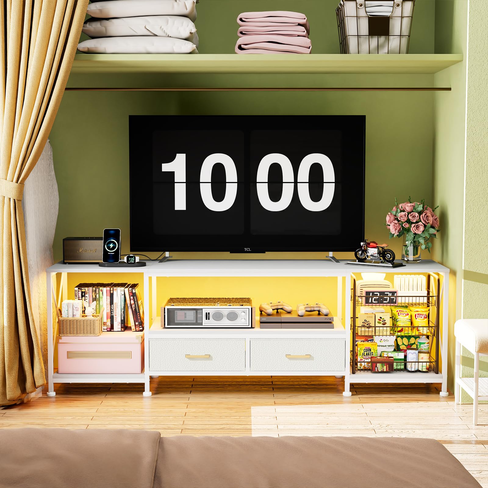 Mobile TV con Luci LED, 2 Porta USB e 2 Presa, Mobile per TV Soggiorno Moderno Mobili, con 3 ripiani e 2 cassetti,180x40x58 cm (Bianco-A)
