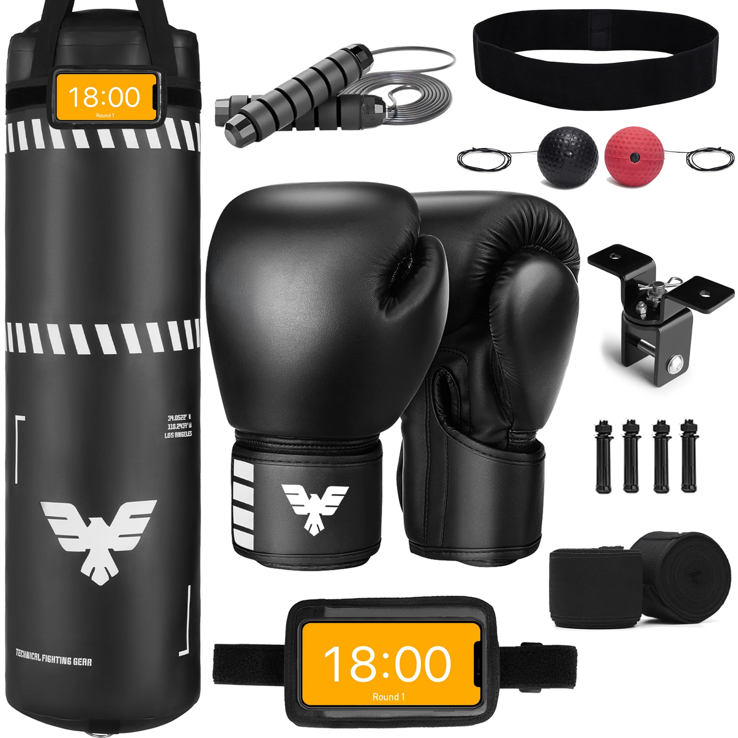 4ft Boxing Bag, Punching Bag Set with 12oz Gloves, Hand Wraps, Jump Rope, Reflex Ball & Phone Holder - for Boxing, MMA, Kickboxing, Martial Arts, Home Gym (Unfilled)