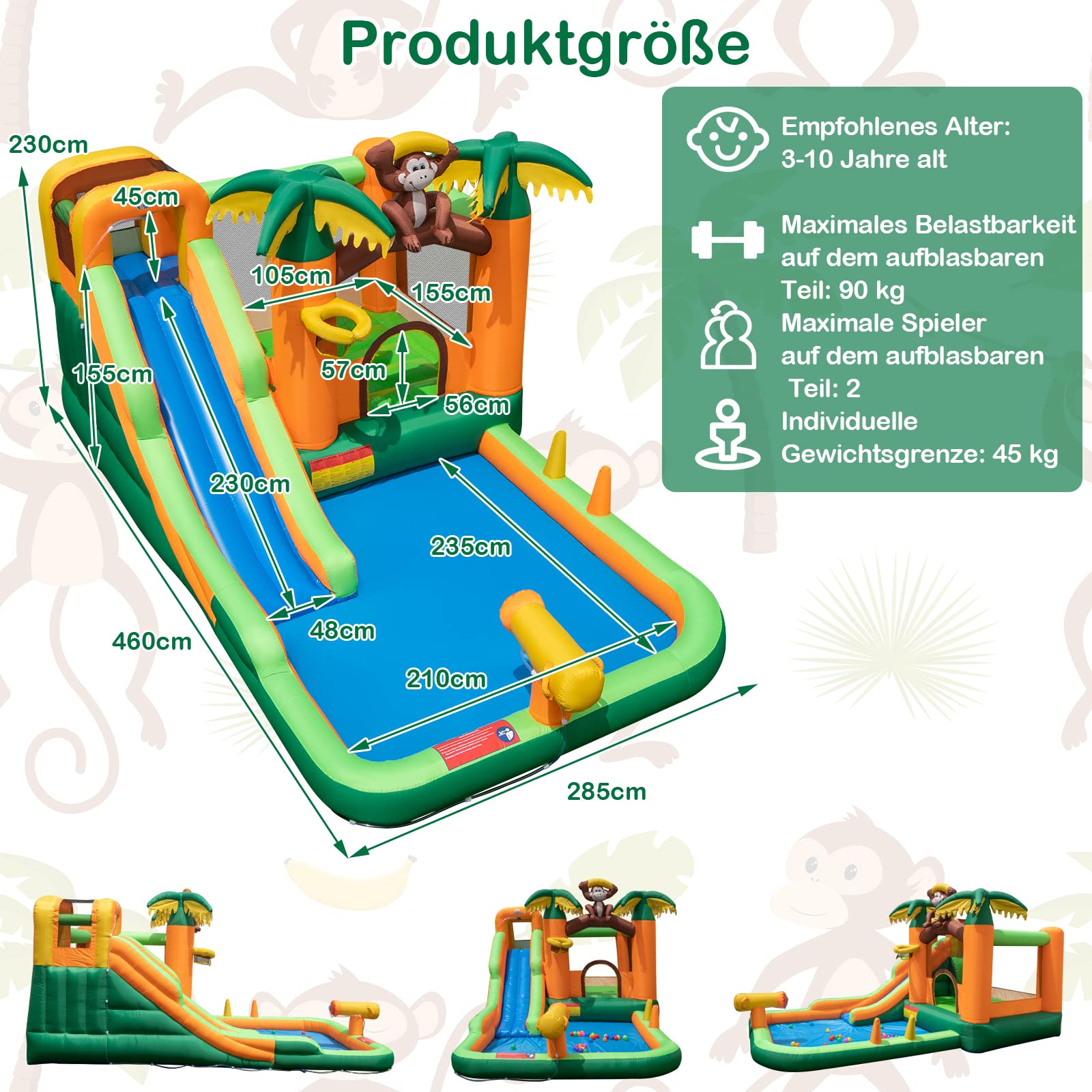 COSTWAY Dmuchany zamek ze zjeżdżalnią wodną, tropikalny park wodny 7 w 1 z długą zjeżdżalnią, brodzik, kosz do koszykówki i pistolet na wodę, w zestawie dmuchawa, 460 x 285 x 230 cm