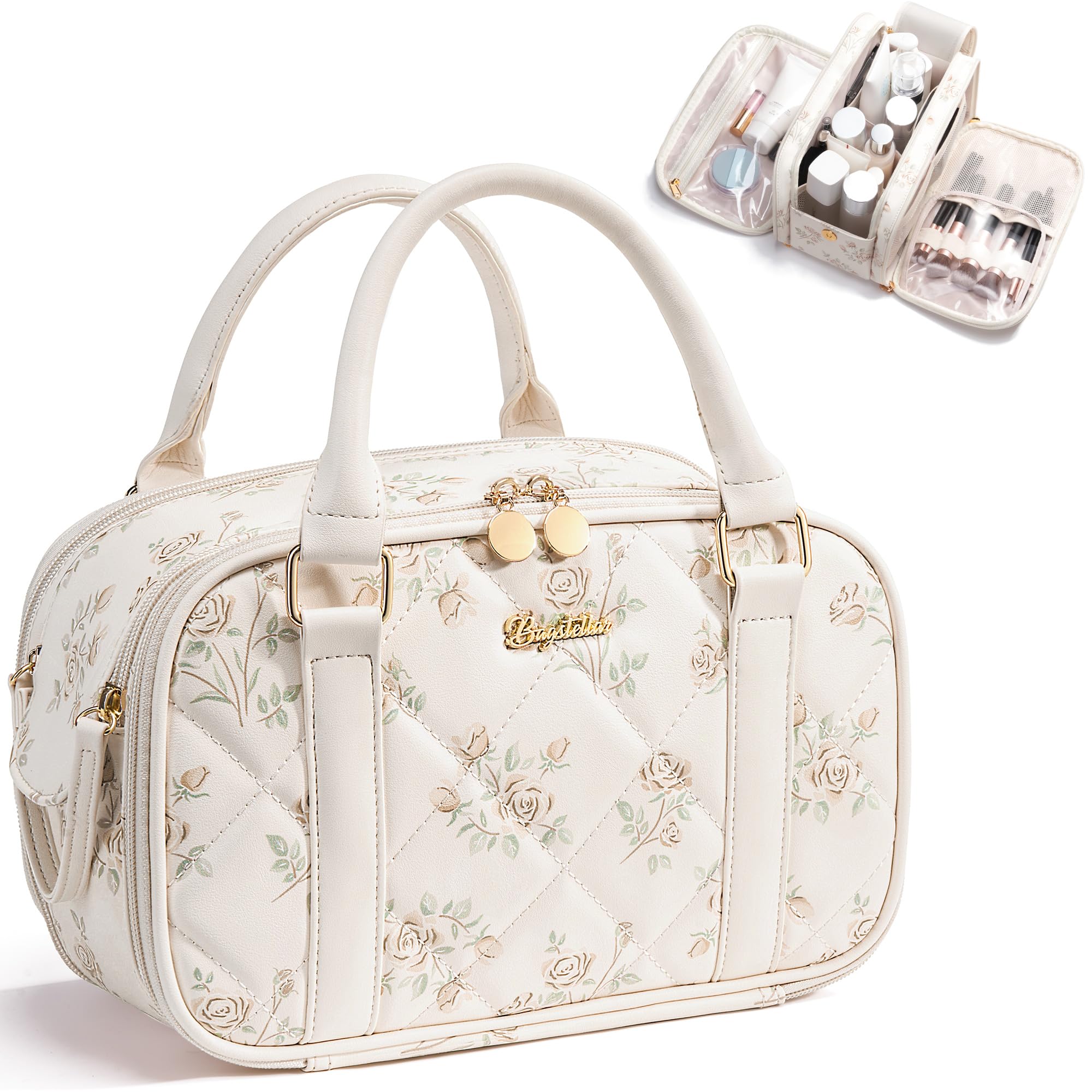 Travel Makeup Bag Large Capacity Quilted Toiletry Bag for Women Stand-up Cosmetic Bag Open Flat Make Up Case