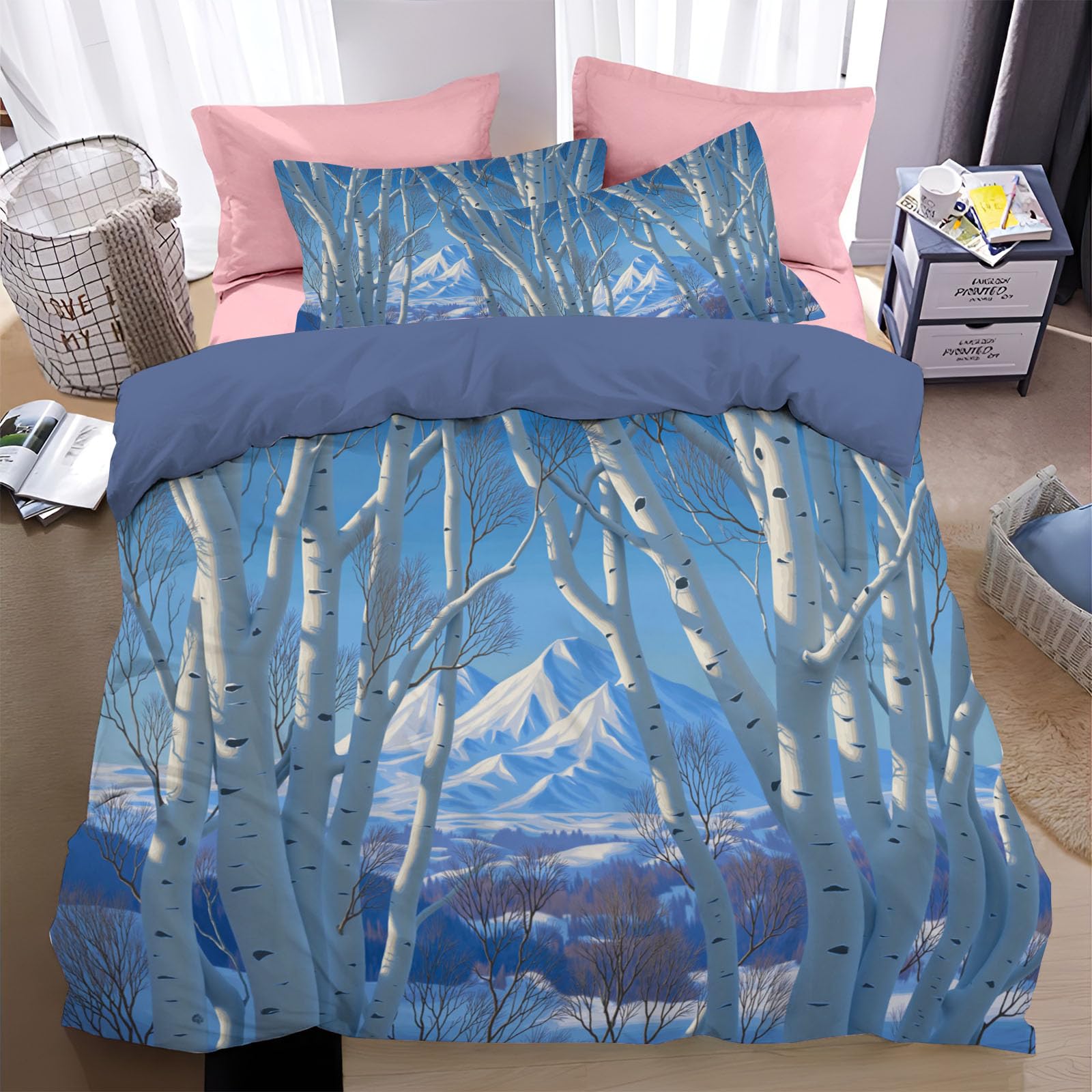 Housse de Couette 140x200cm Bouleaux d'Hiver Montagne Bleu