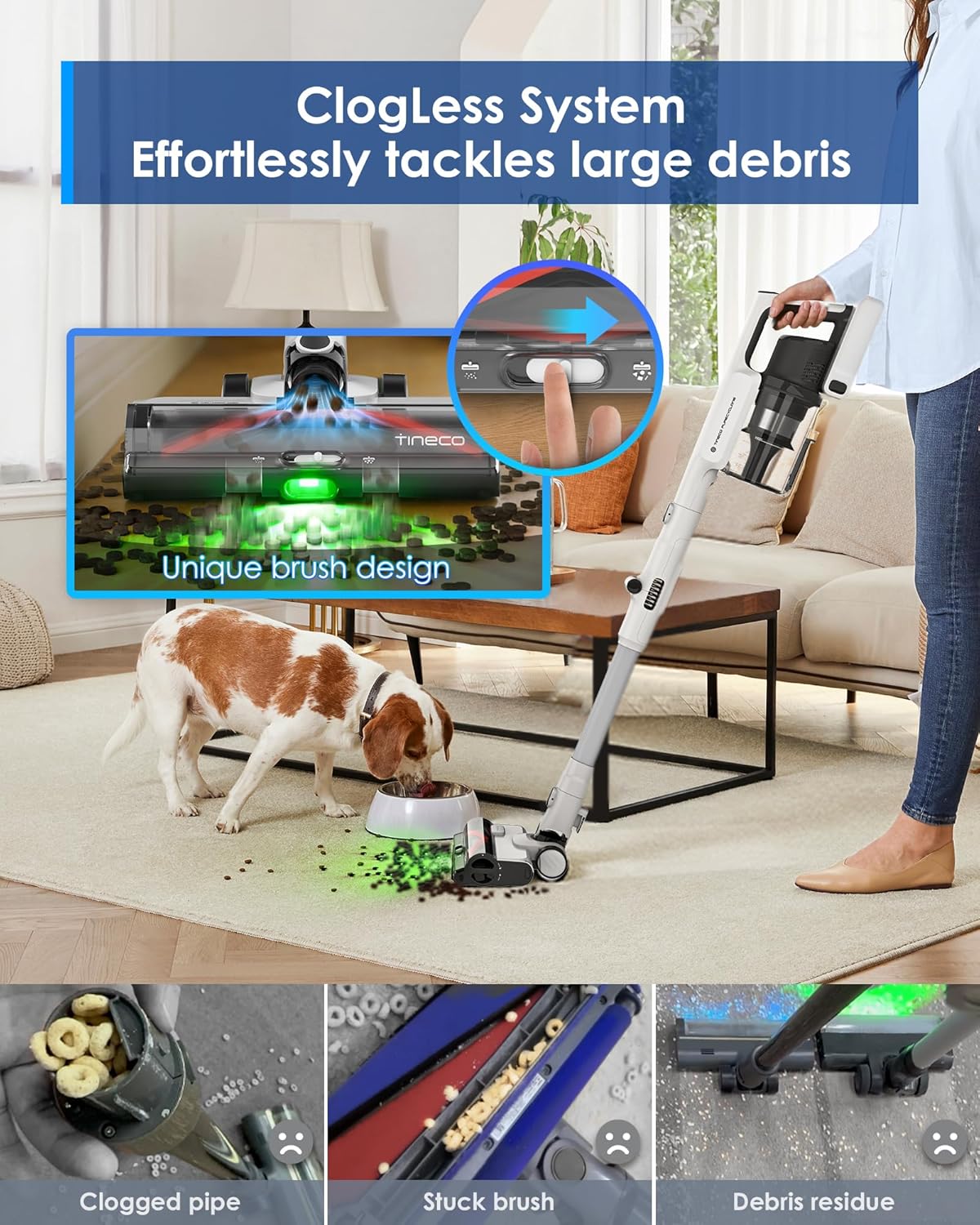 Tineco Cordless Stick Vacuum Cleaner, 185W Suction,1L Larger Dustbin, 3DSense Power Brush, PureCyclone Tech, Easily Tackles Large Debris