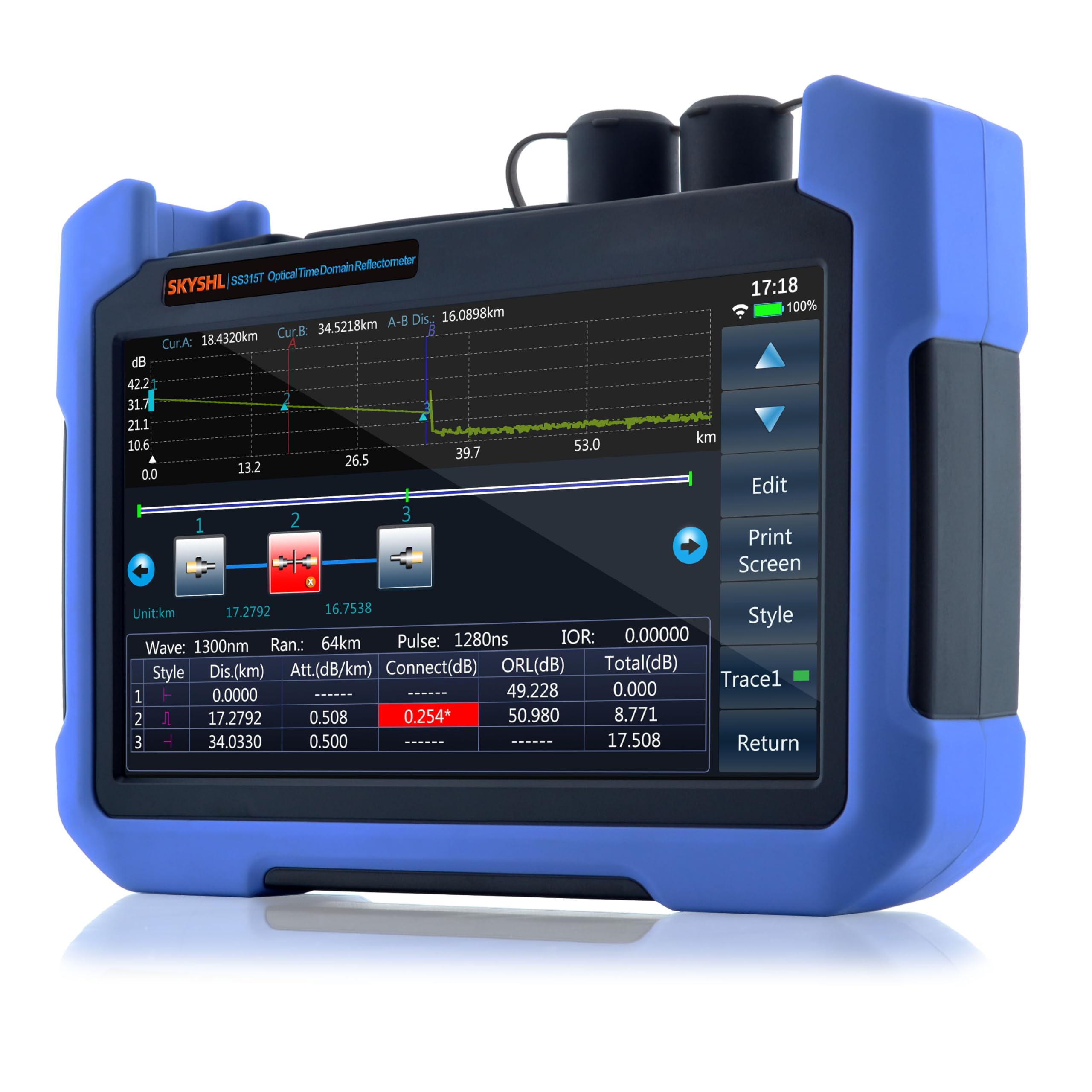 850nm/29dB+1300nm/37dB MM Fiber OTDR Tester Build in OPM+OLS+VFL+Event Map+APP Module+7inch Touch Screen Compatible with SC+FC+ST+LC/UPC&APC Connector-SS315T-2MM1