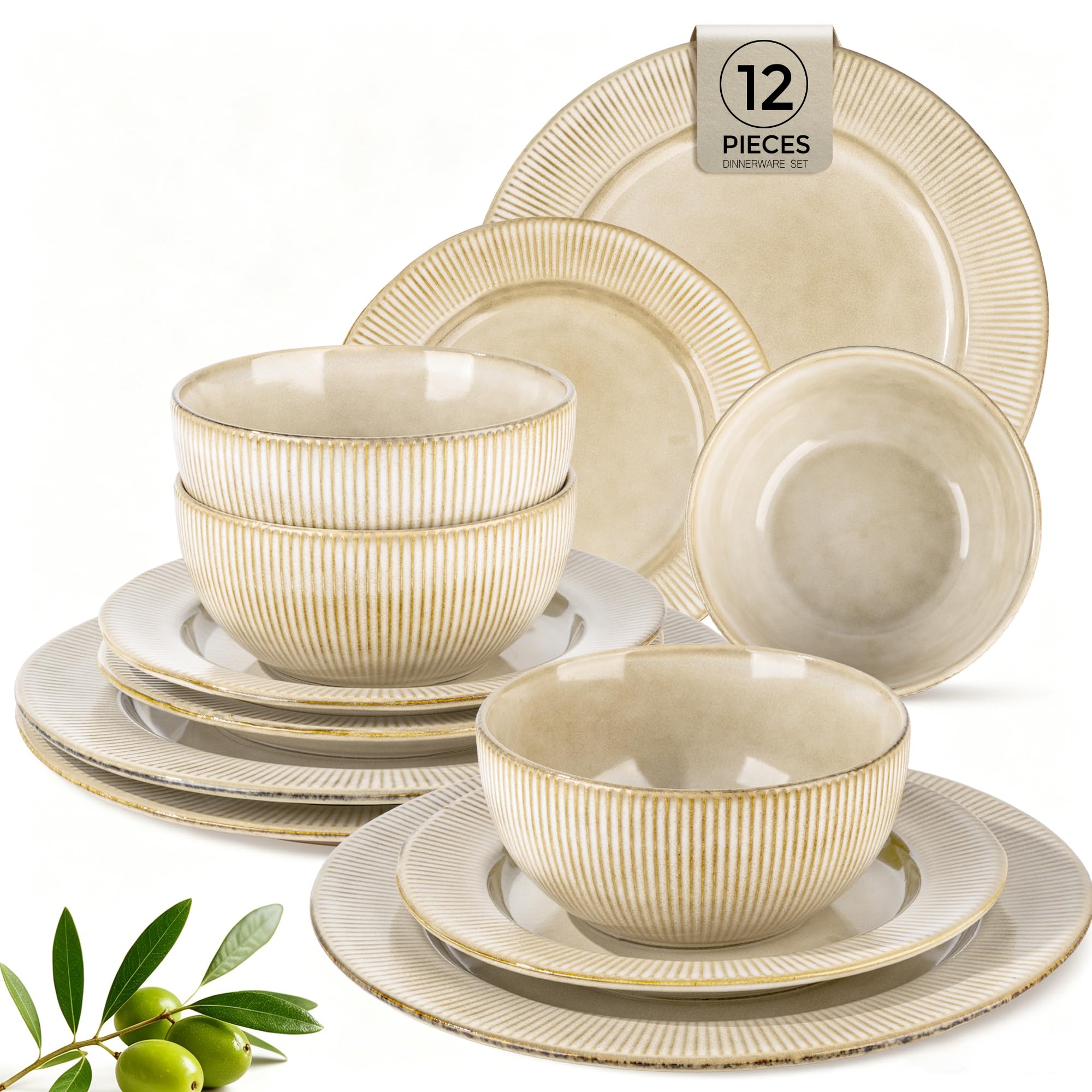 GBHOME Ceramic Dinnerware Sets of 4,12 pcs Plates and Bowls Sets Dishes
