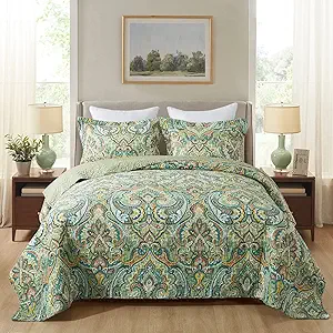 NEWLAKE Cotton Bedspread Quilt Sets-Reversible Patchwork Coverlet Set, European Green Floral Pattern, King Size