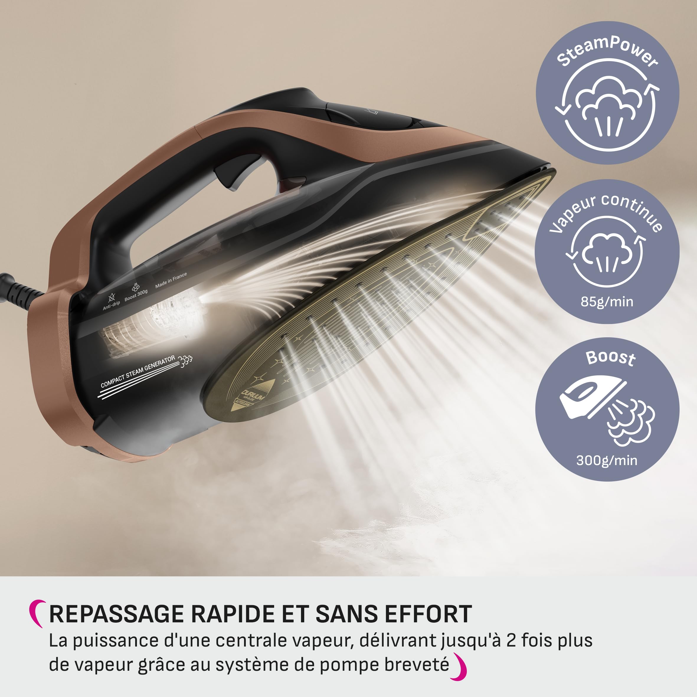 Calor Ultimate Power Pro Fer vapeur, Puissance d'une centrale vapeur, 3200 W, Débit vapeur continu 85 g/min, Fonction pressing 300 g/min, Fabriqué en France, FV9E50C0