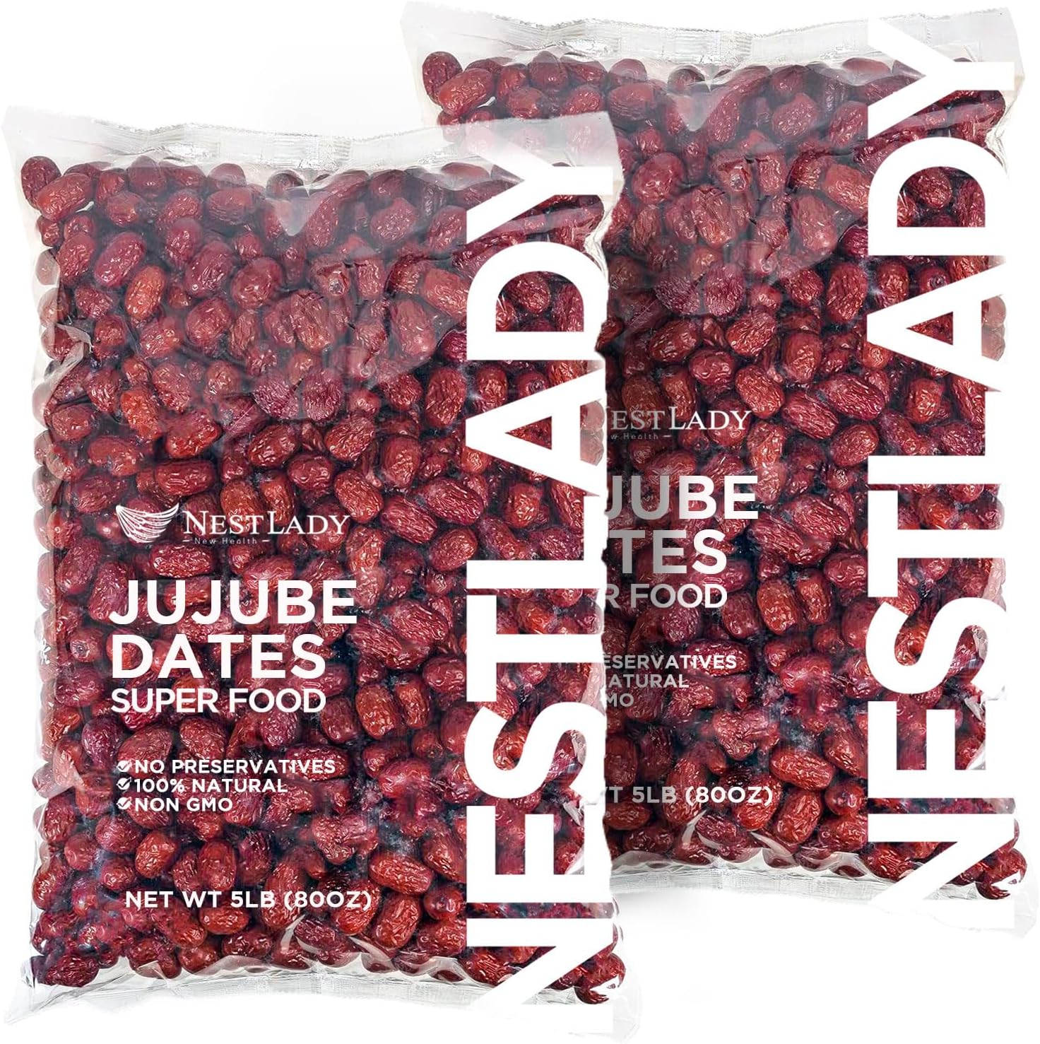 NESTLADY Premium Jujube Date, Red Date, (Hong Zao), ็บขๆฃ, 100% Natural, Improve sleep, Health Snack, Dried Fruit, Sweet and Chewy Net weight: 5LB (2 Packs, 10LB in Total), Packed in USA